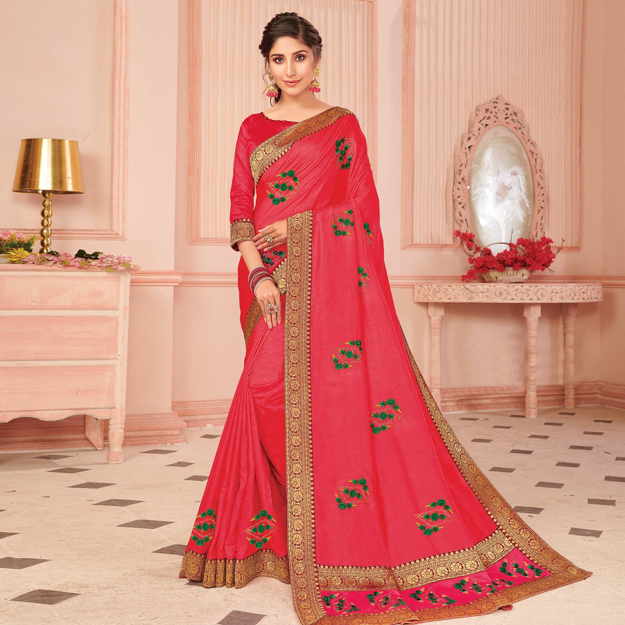 Pink Floral Embroidered Vichitra Silk Saree - Peachmode