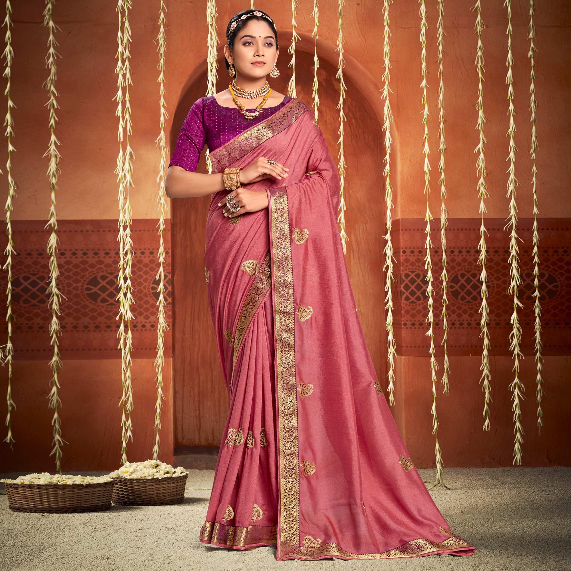 Pink Floral Embroidered Vichitra Silk Saree - Peachmode