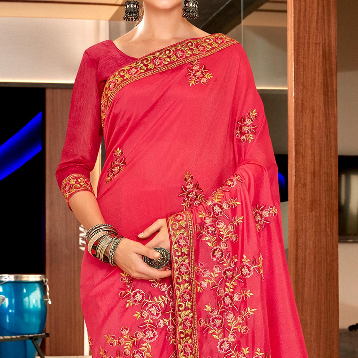 Pink Floral Embroidered Vichitra Silk Saree - Peachmode
