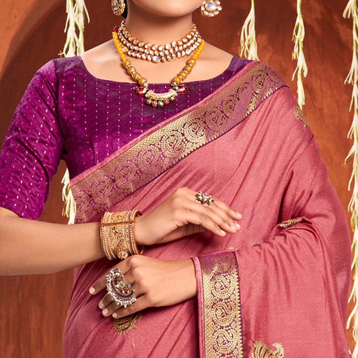 Pink Floral Embroidered Vichitra Silk Saree - Peachmode