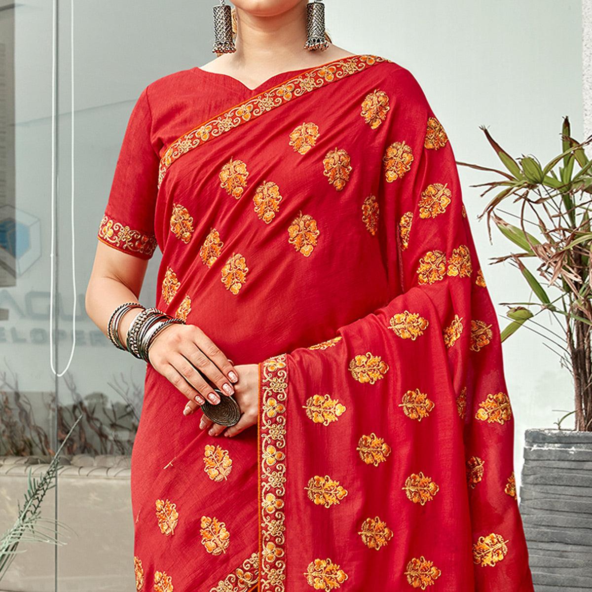 Pink Floral Embroidered Vichitra Silk Saree - Peachmode