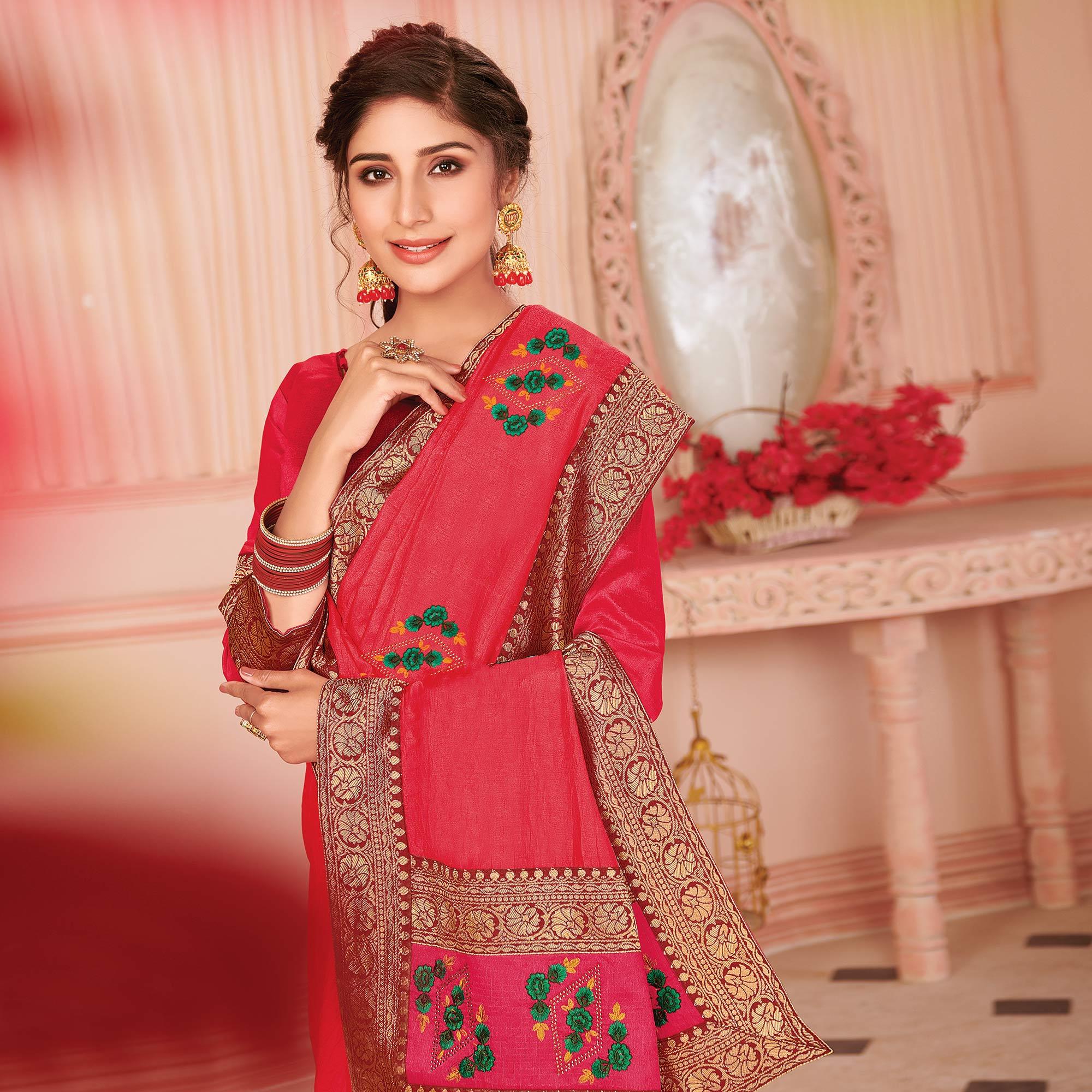 Pink Floral Embroidered Vichitra Silk Saree - Peachmode