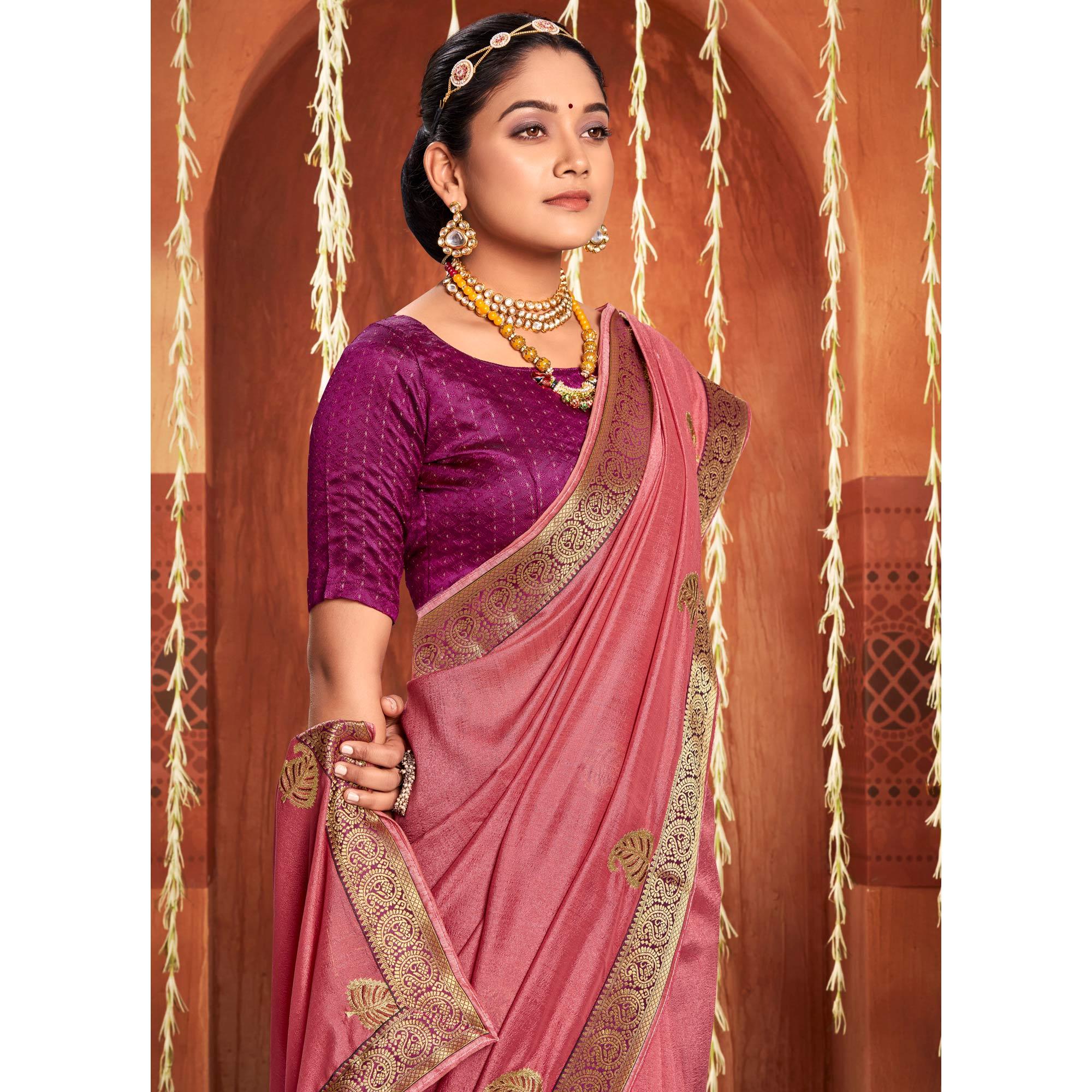 Pink Floral Embroidered Vichitra Silk Saree - Peachmode