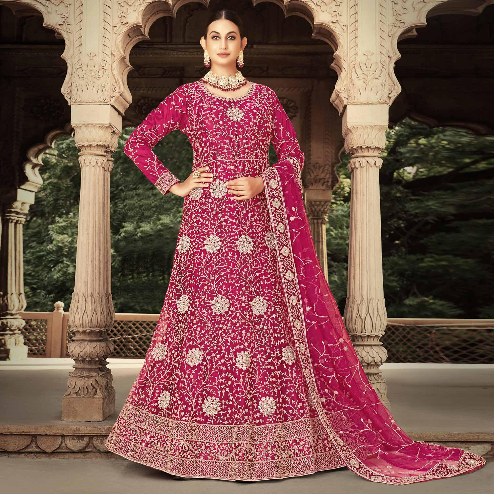 Pink Floral Embroidered With Diamond Work Net Gown - Peachmode