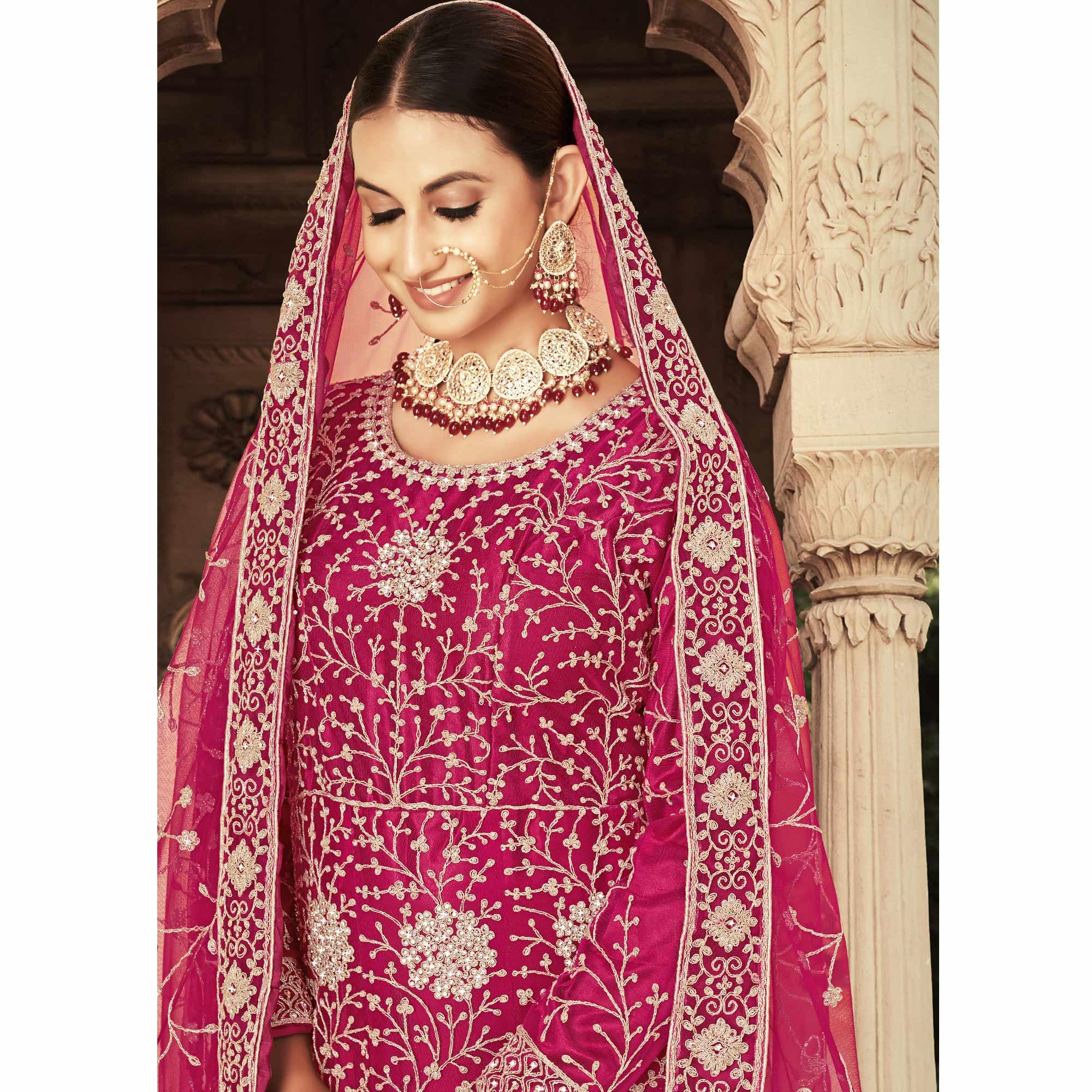 Pink Floral Embroidered With Diamond Work Net Gown - Peachmode