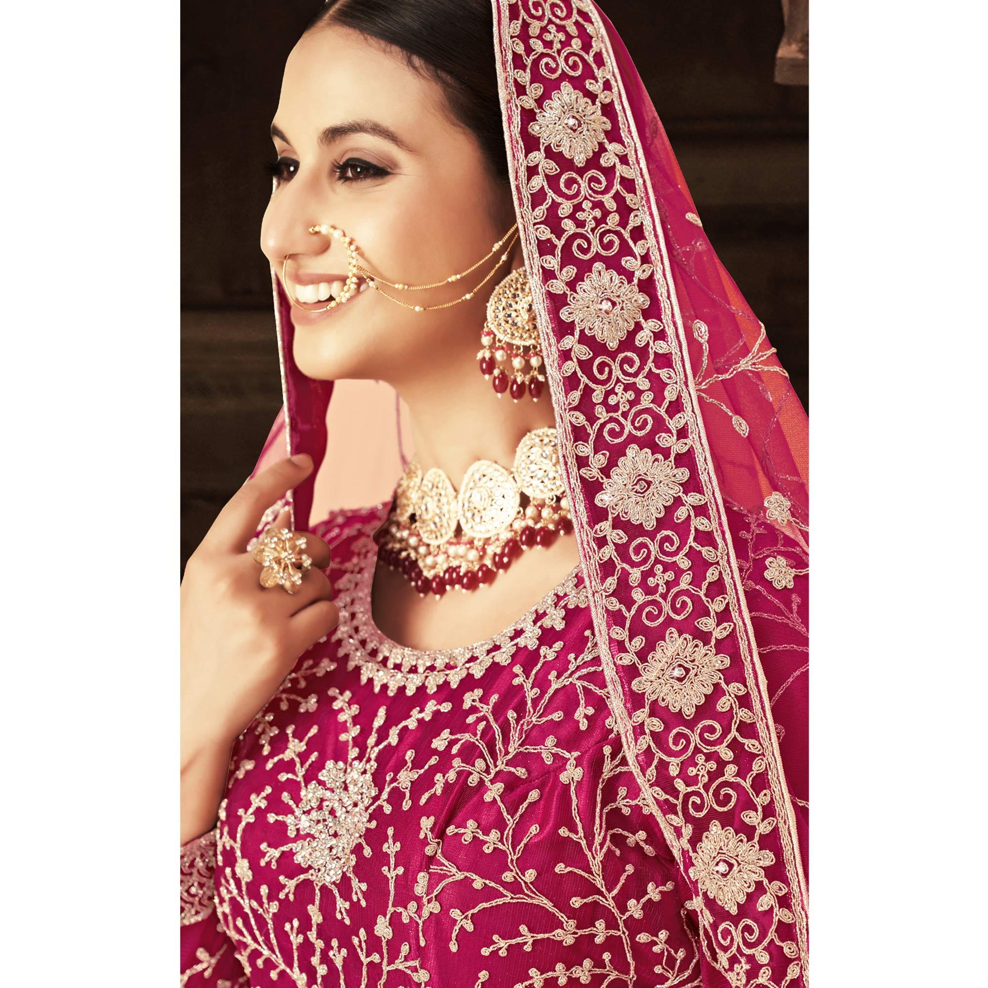 Pink Floral Embroidered With Diamond Work Net Gown - Peachmode