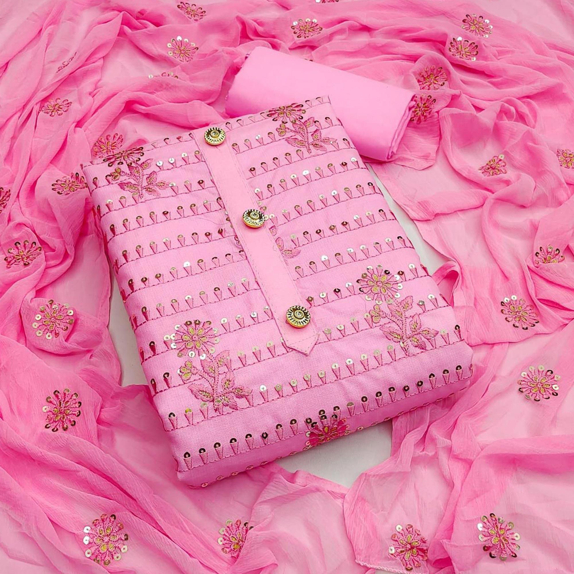 Pink Floral Embroidered With Sequence Poly Cotton Dress Material - Peachmode