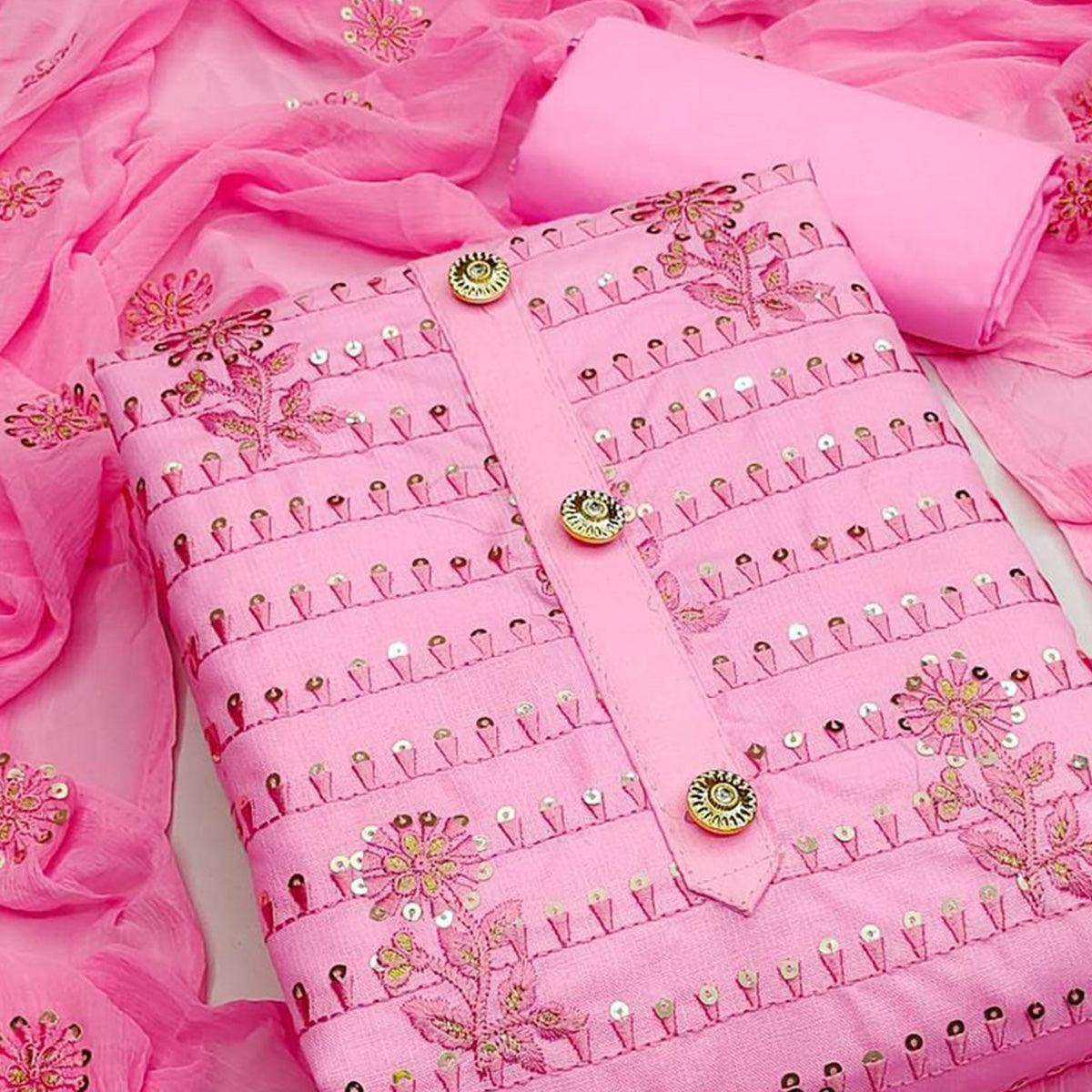 Pink Floral Embroidered With Sequence Poly Cotton Dress Material - Peachmode