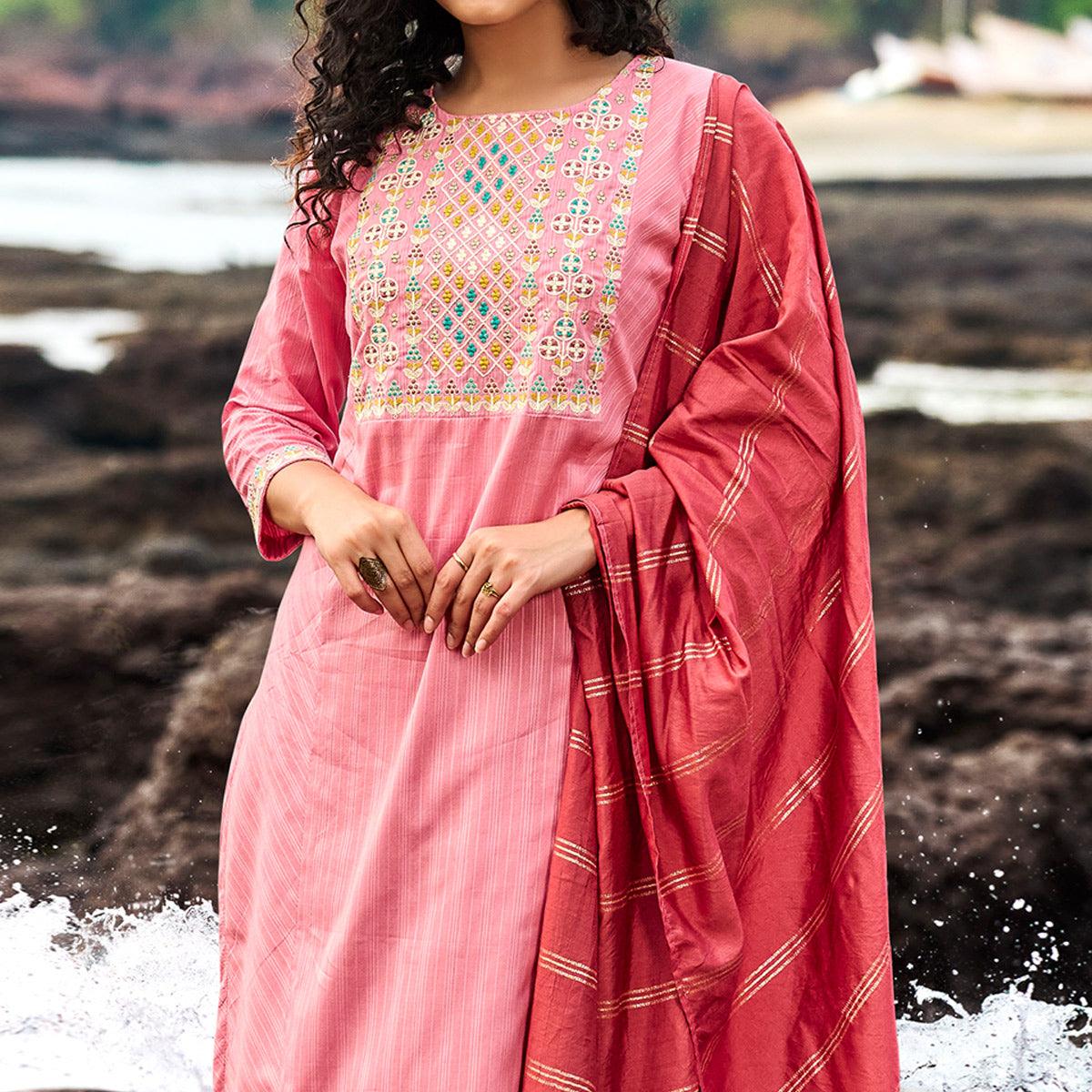 Pink Floral Embroidered With Stripe Printed Cotton Kurti Pant Set - Peachmode