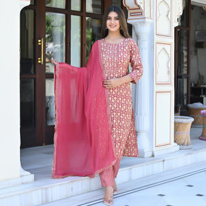 Pink Floral Foil Printed Chanderi Kurti Pant Set With Dupatta - Peachmode