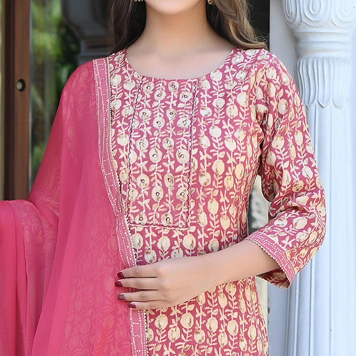 Pink Floral Foil Printed Chanderi Kurti Pant Set With Dupatta - Peachmode