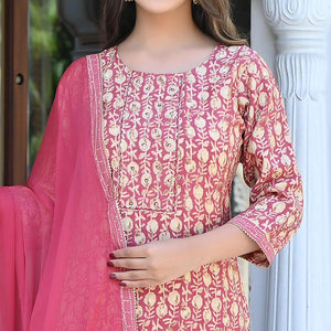 Pink Floral Foil Printed Chanderi Kurti Pant Set With Dupatta - Peachmode