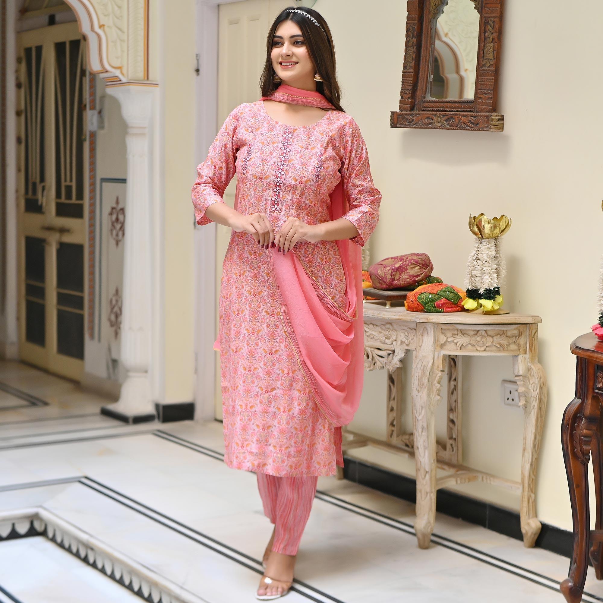 Pink Floral Foil Printed Chanderi Kurti Pant Set With Dupatta - Peachmode