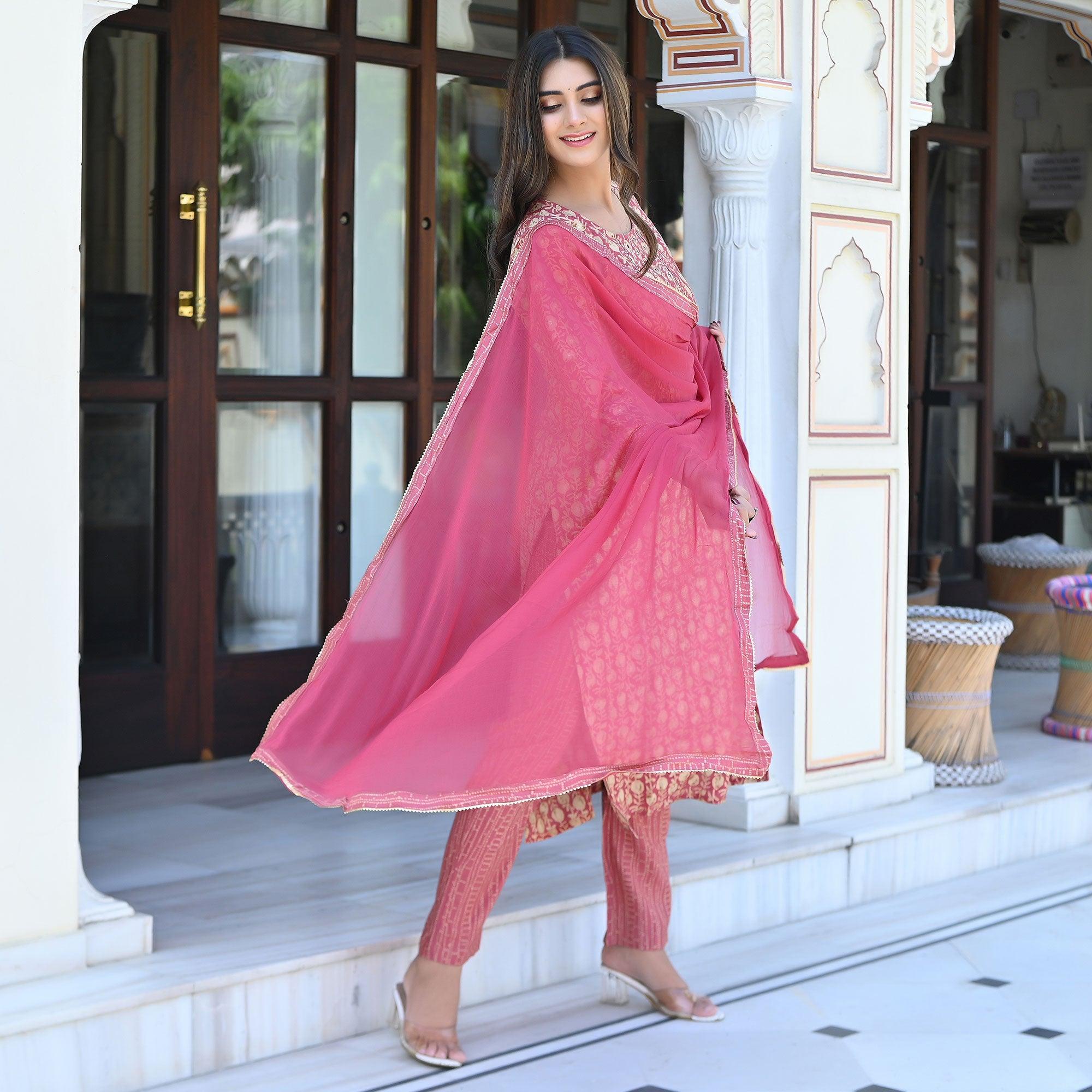 Pink Floral Foil Printed Chanderi Kurti Pant Set With Dupatta - Peachmode