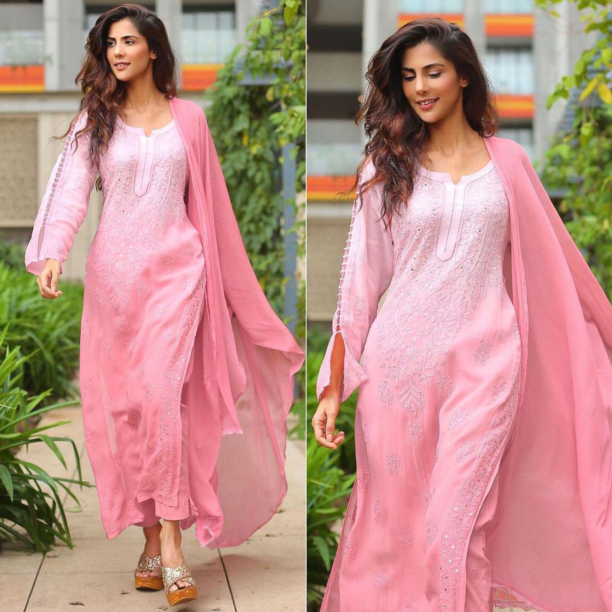 Pink Floral Lucknowi Embroidered & Mukaish Work Georgette Kurti Pant Set With Dupatta - Peachmode