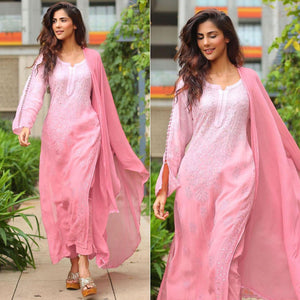 Pink Floral Lucknowi Embroidered & Mukaish Work Georgette Kurti Pant Set With Dupatta - Peachmode