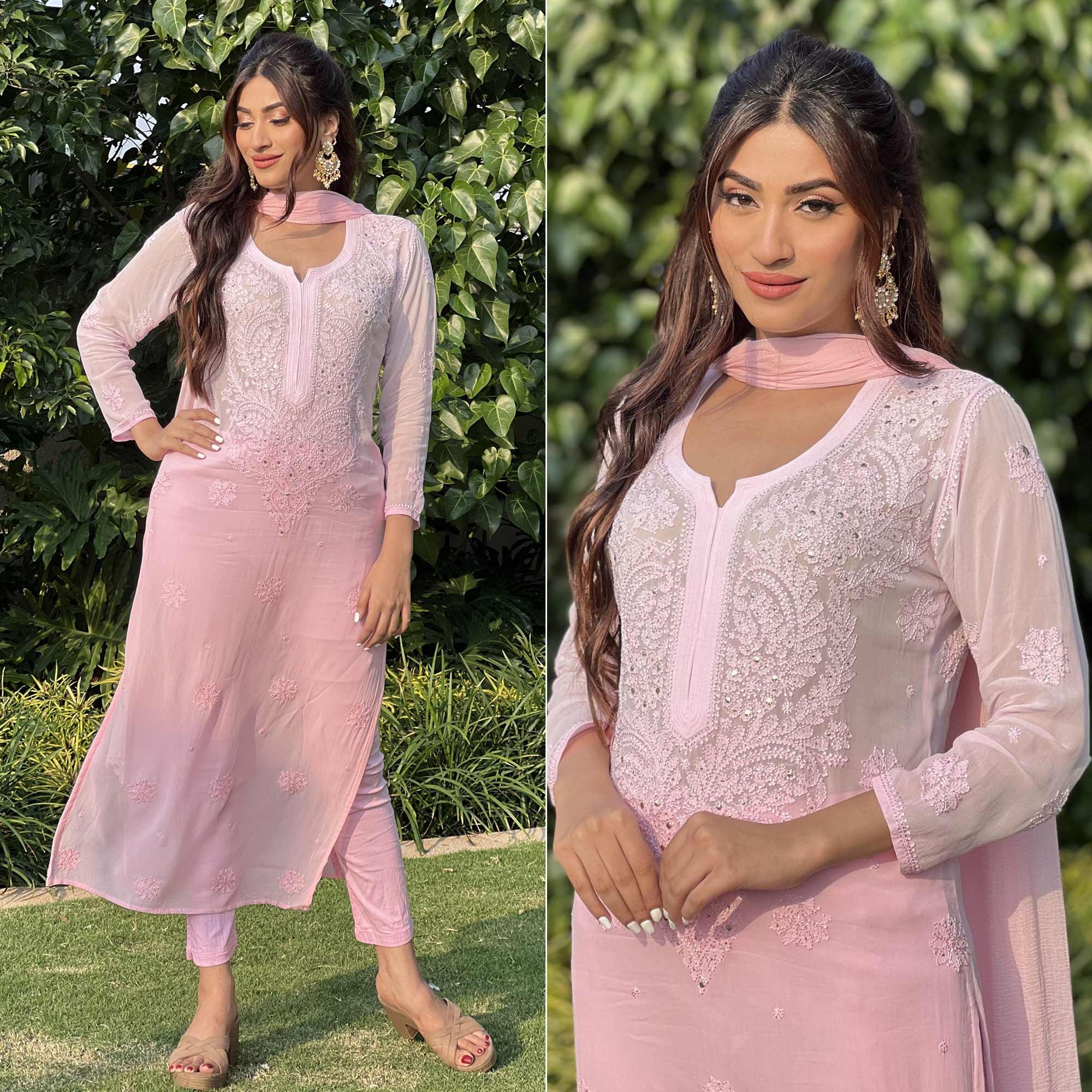 Pink Floral Lucknowi Embroidered & Mukaish Work Georgette Kurti Pant Set With Dupatta - Peachmode