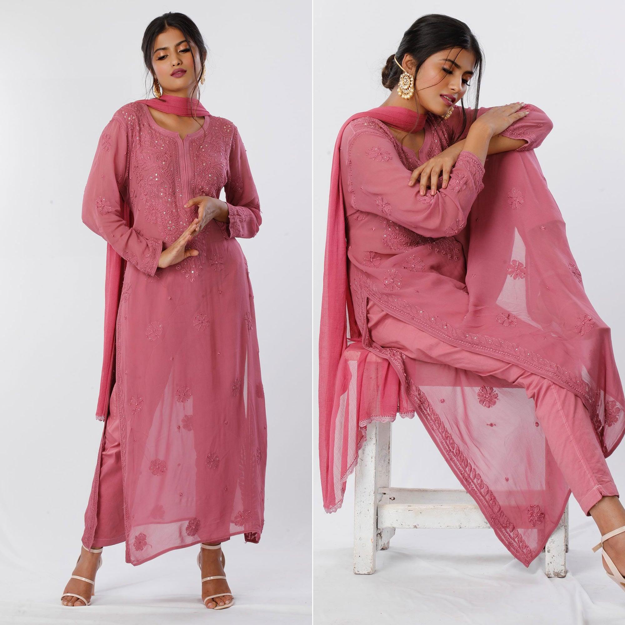 Pink Floral Lucknowi Embroidered & Mukaish Work Georgette Kurti Pant Set With Dupatta - Peachmode