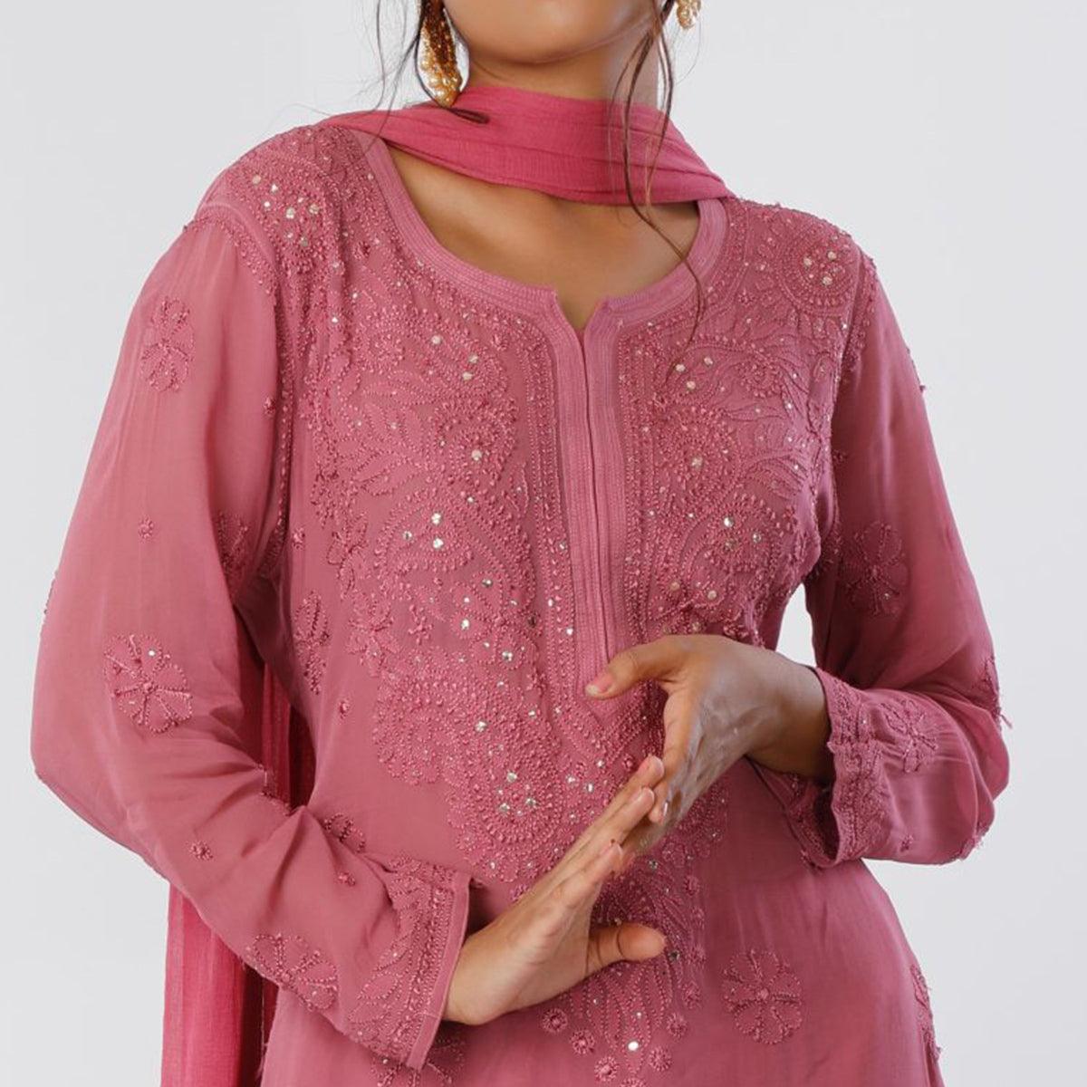 Pink Floral Lucknowi Embroidered & Mukaish Work Georgette Kurti Pant Set With Dupatta - Peachmode