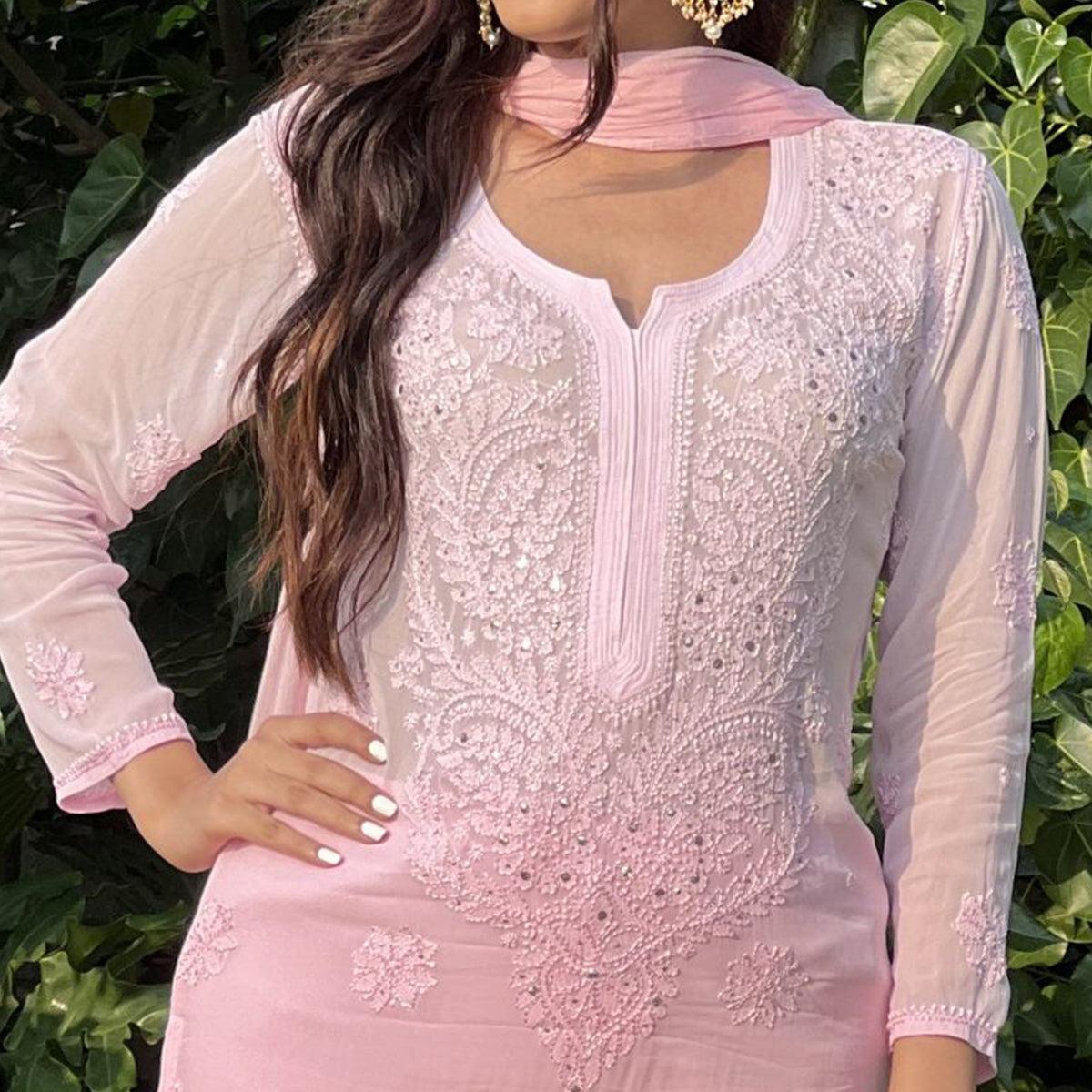 Pink Floral Lucknowi Embroidered & Mukaish Work Georgette Kurti Pant Set With Dupatta - Peachmode