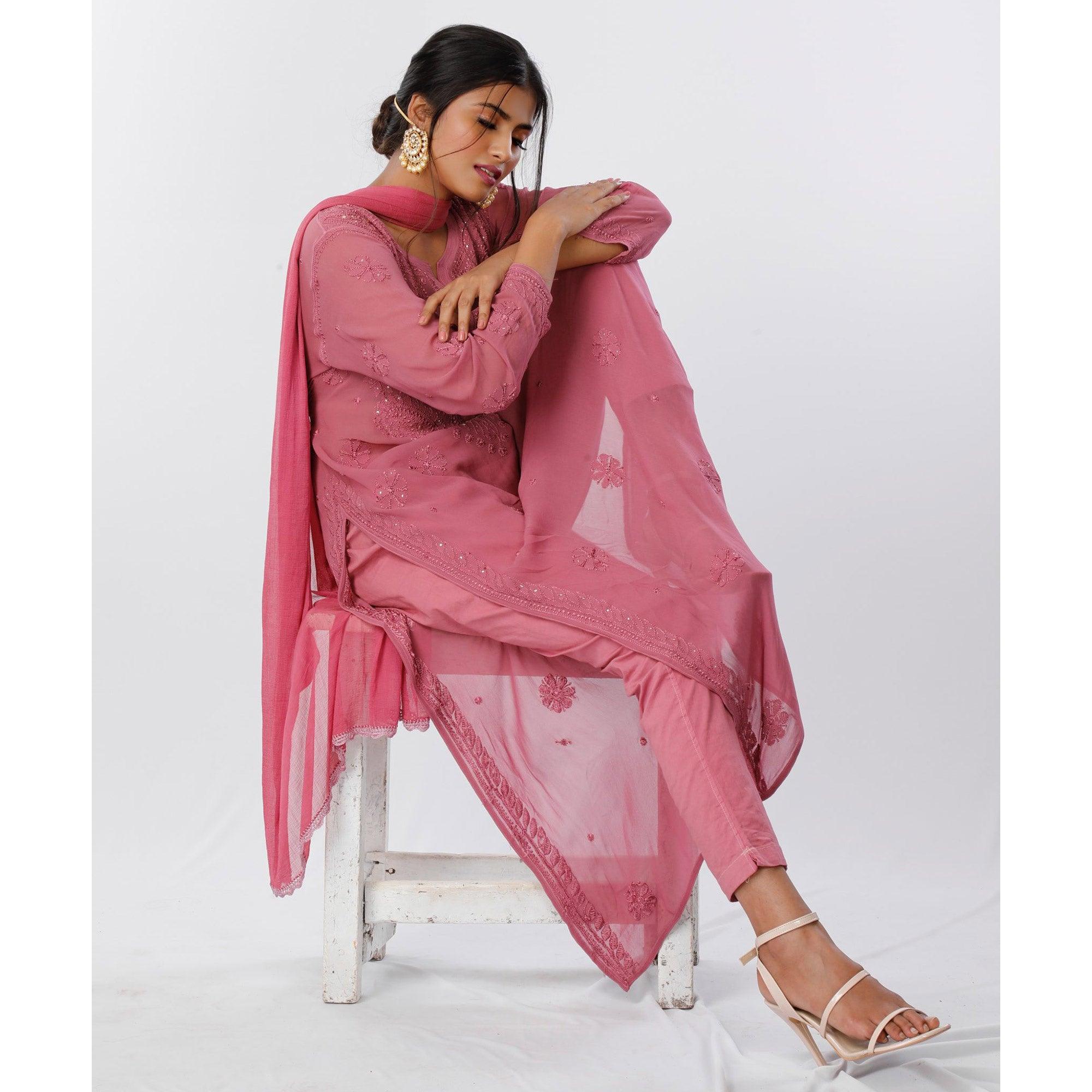 Pink Floral Lucknowi Embroidered & Mukaish Work Georgette Kurti Pant Set With Dupatta - Peachmode