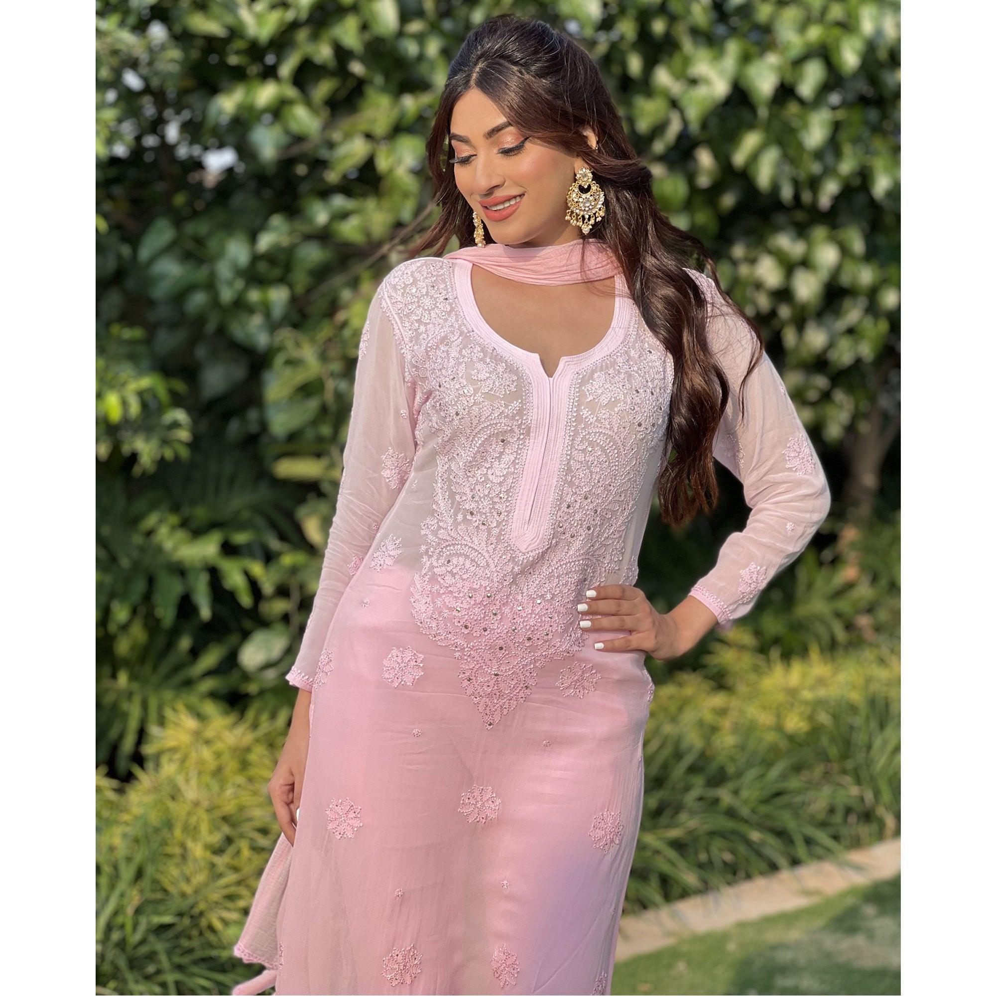 Pink Floral Lucknowi Embroidered & Mukaish Work Georgette Kurti Pant Set With Dupatta - Peachmode