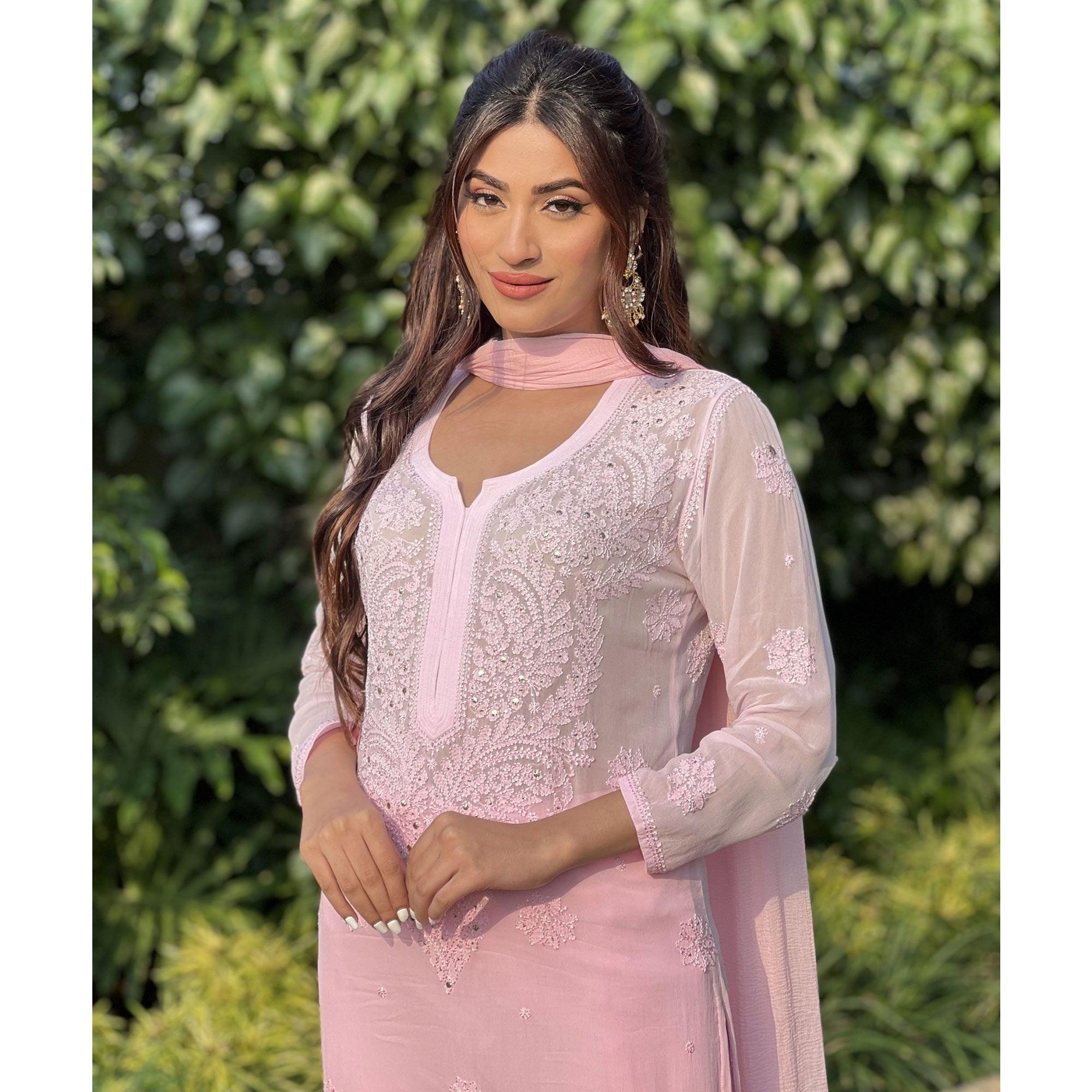 Pink Floral Lucknowi Embroidered & Mukaish Work Georgette Kurti Pant Set With Dupatta - Peachmode