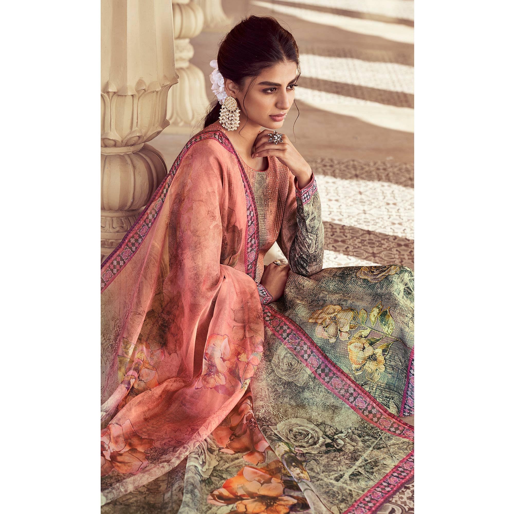 Pink Floral Print With Sequence Embroidered Royal chinon Partywear Suit - Peachmode