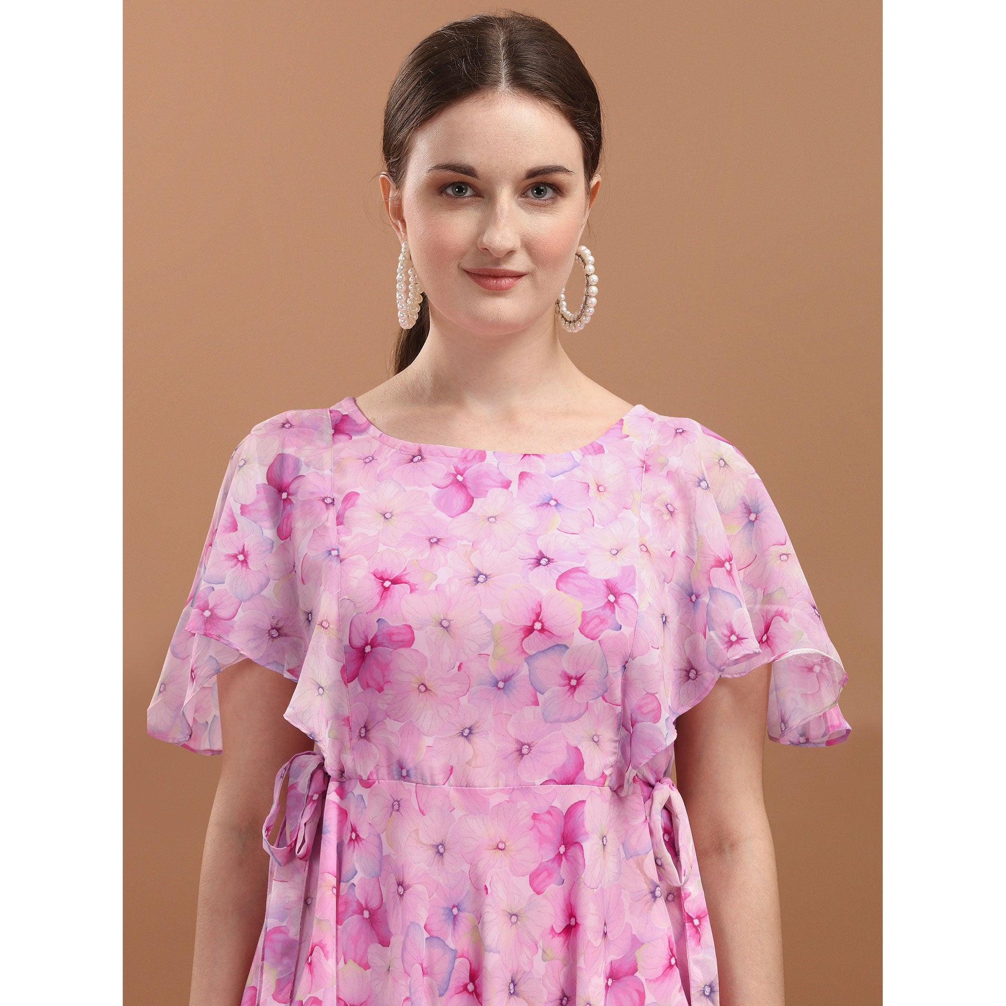 Pink Floral Printed A-Line Georgette Dress - Peachmode