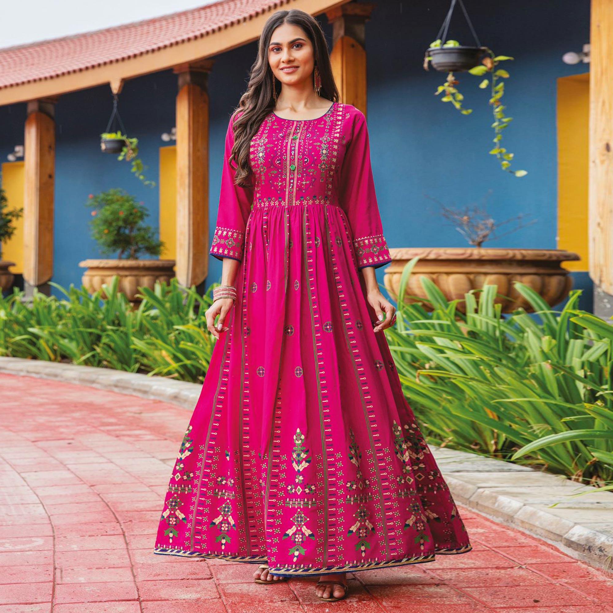 Pink Floral Printed Art Silk Long Kurti - Peachmode