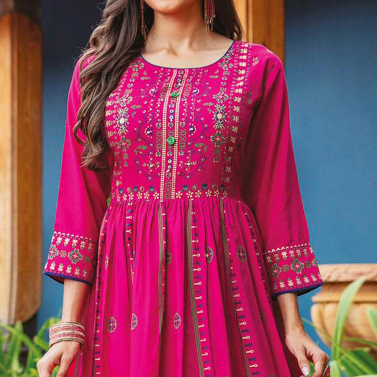 Pink Floral Printed Art Silk Long Kurti - Peachmode
