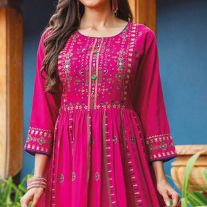 Pink Floral Printed Art Silk Long Kurti - Peachmode