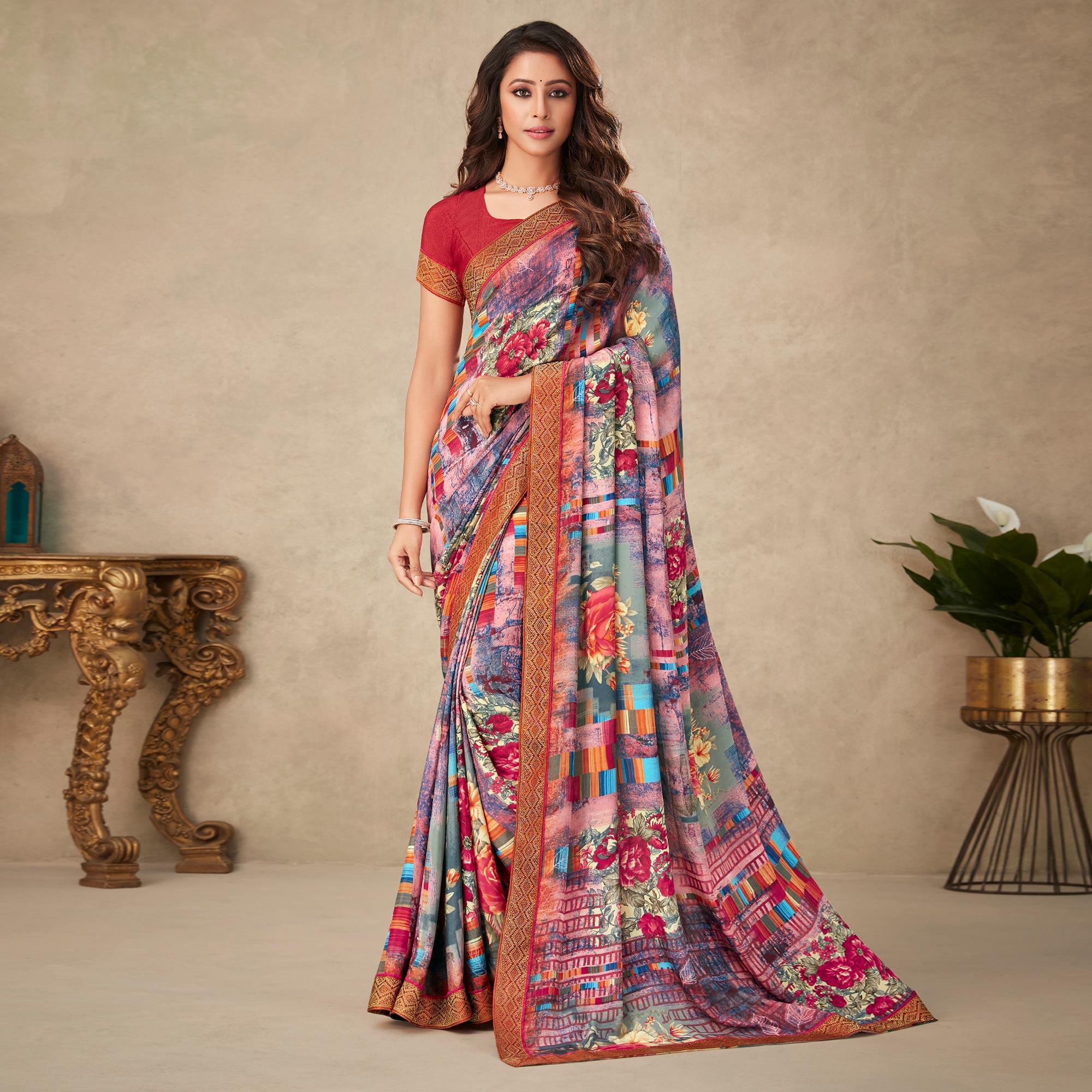 Pink Floral Printed Art Silk Saree - Peachmode