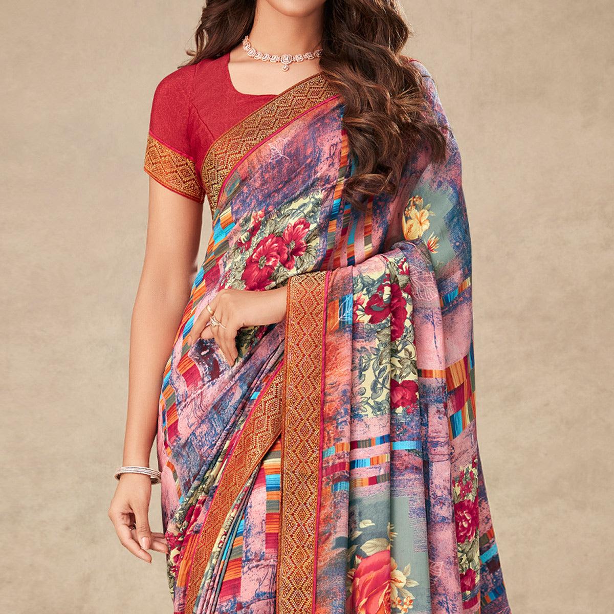Pink Floral Printed Art Silk Saree - Peachmode