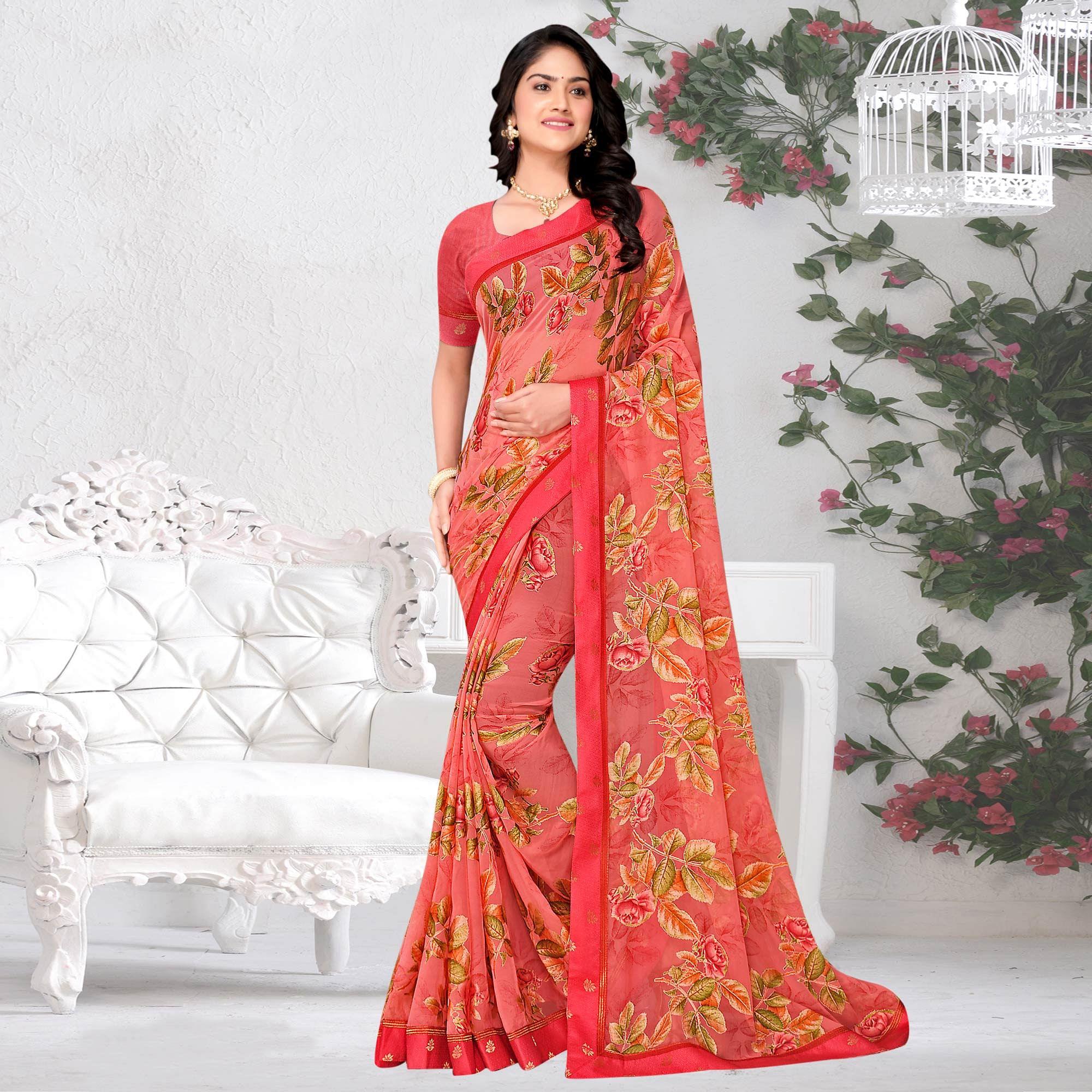 Pink Floral Printed Brasso Saree - Peachmode