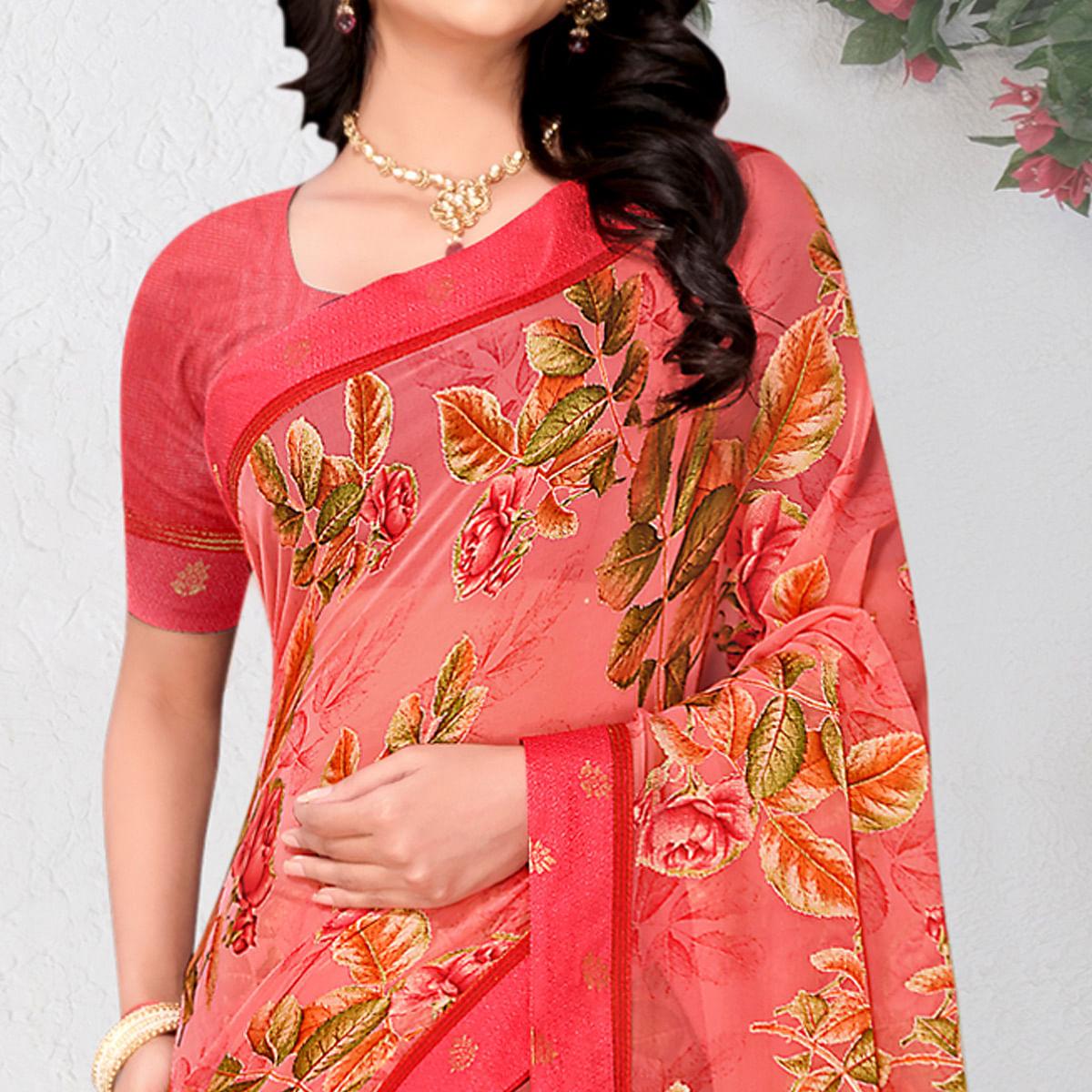 Pink Floral Printed Brasso Saree - Peachmode