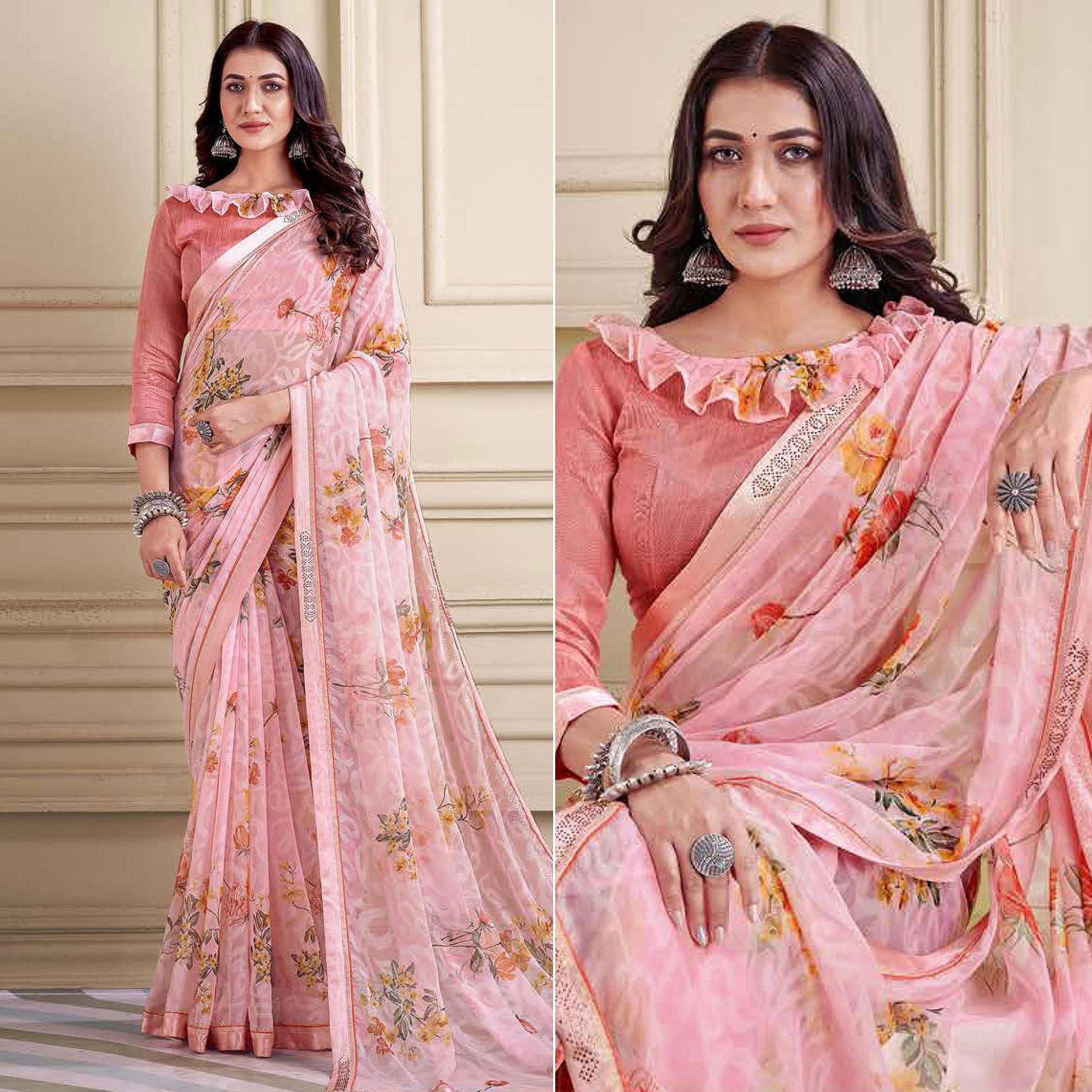 Pink Floral Printed Brasso Saree - Peachmode