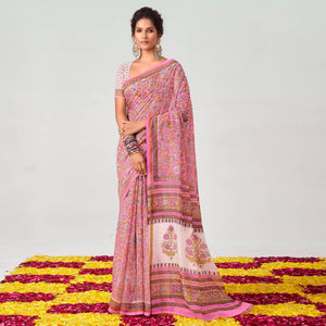Pink Floral Printed Chanderi Saree - Peachmode