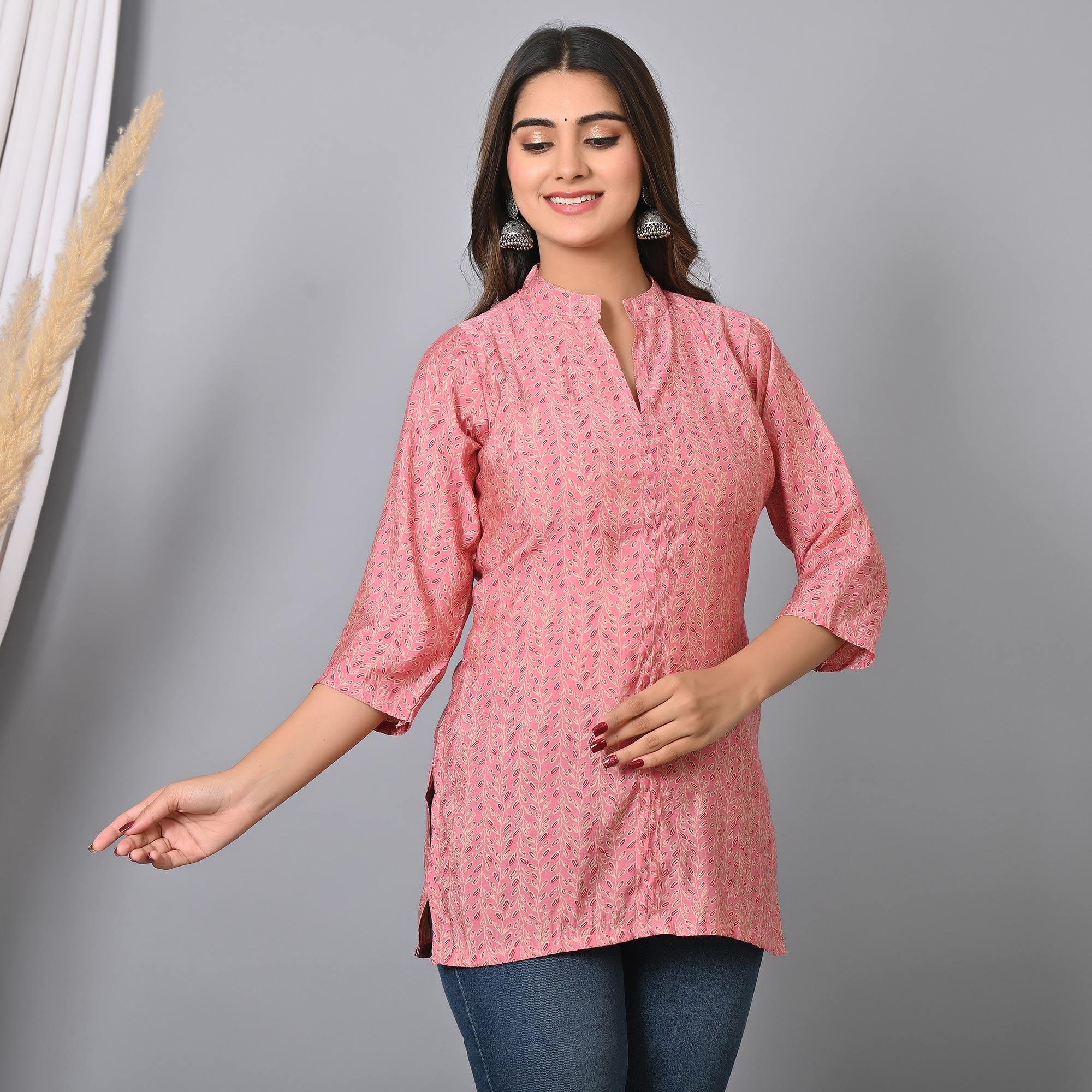 Pink Floral Printed Chanderi Top - Peachmode