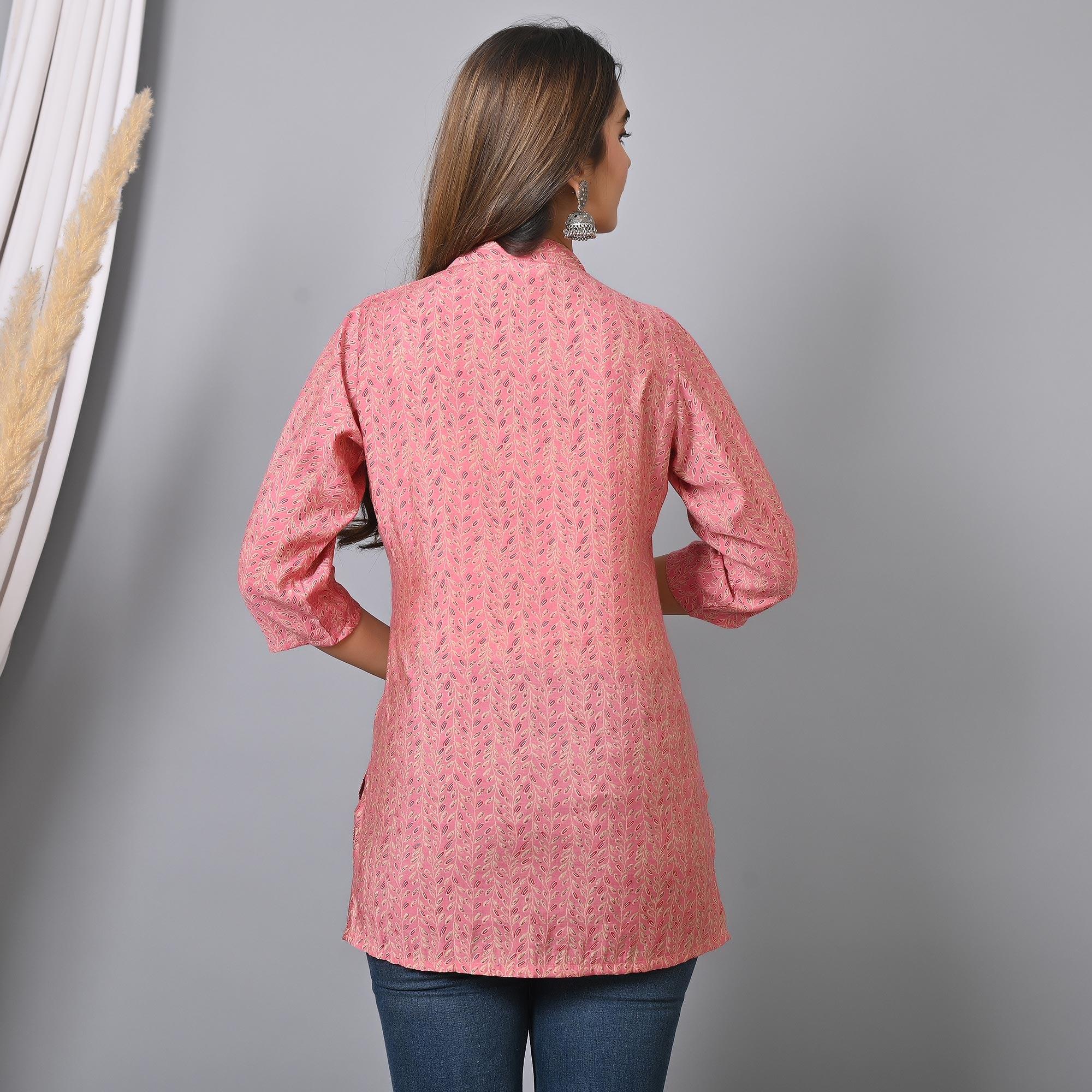 Pink Floral Printed Chanderi Top - Peachmode