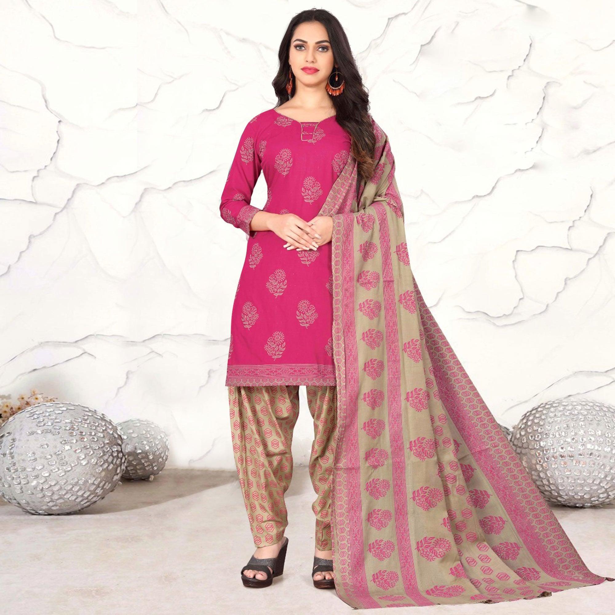 Pink Floral Printed Cotton Blend Dress Material - Peachmode