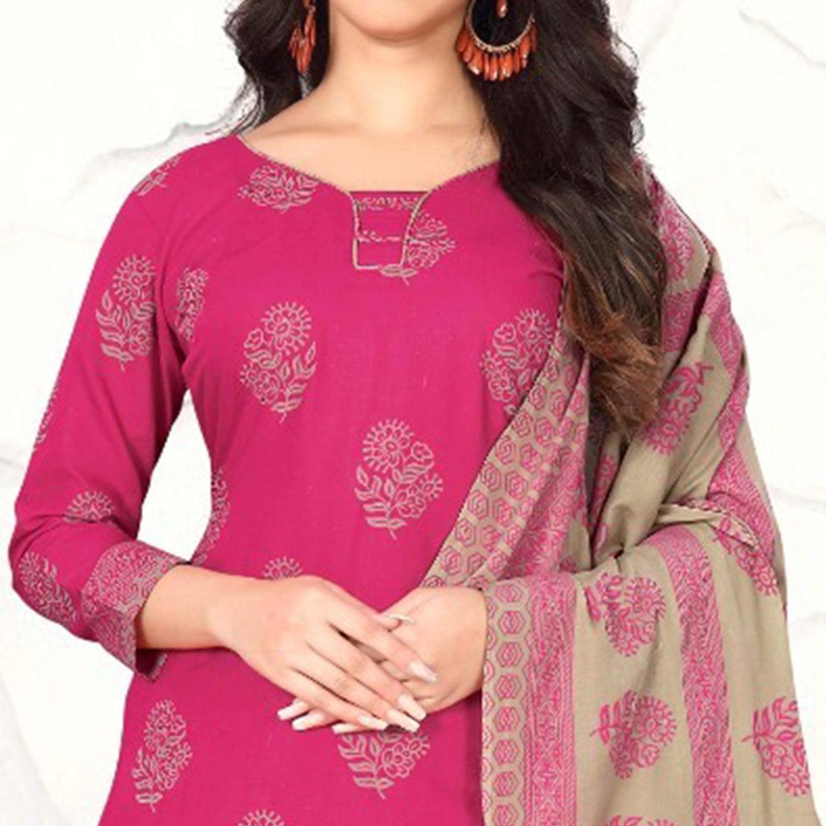 Pink Floral Printed Cotton Blend Dress Material - Peachmode