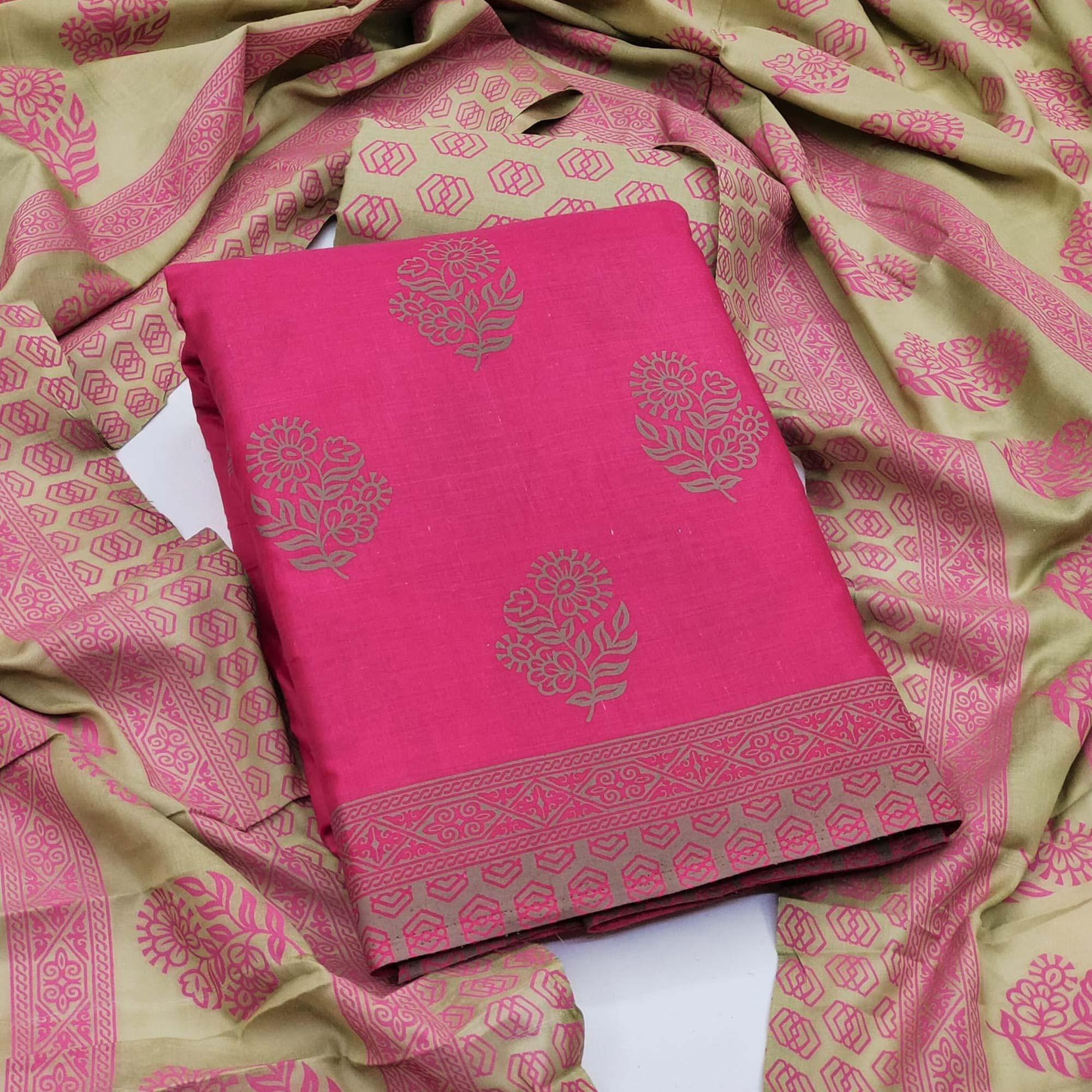 Pink Floral Printed Cotton Blend Dress Material - Peachmode