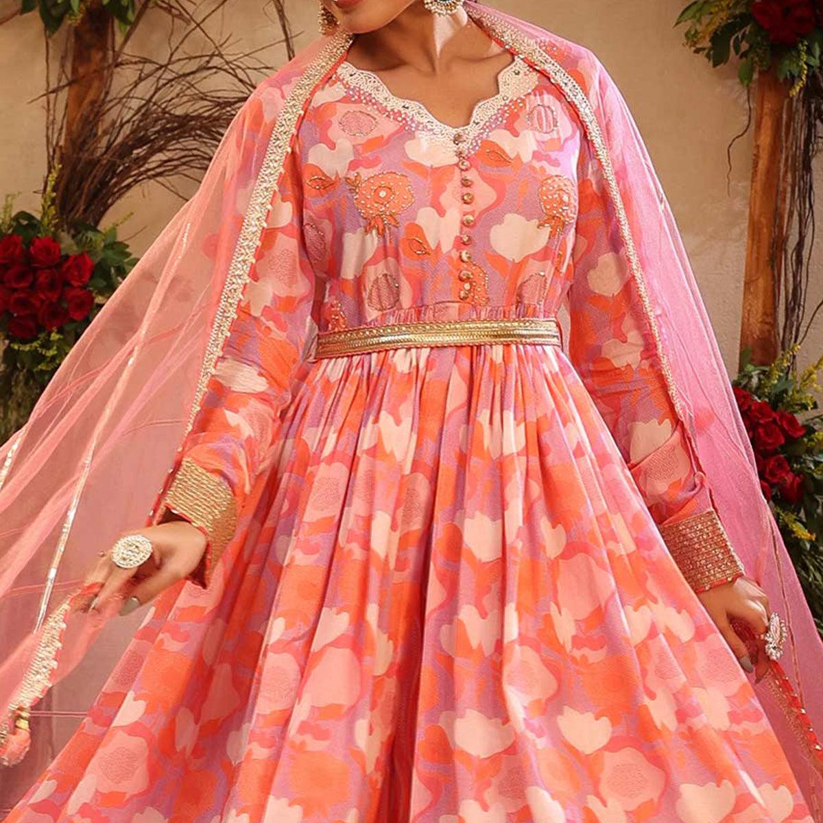 Pink Floral Printed Cotton Silk Sharara Suit - Peachmode