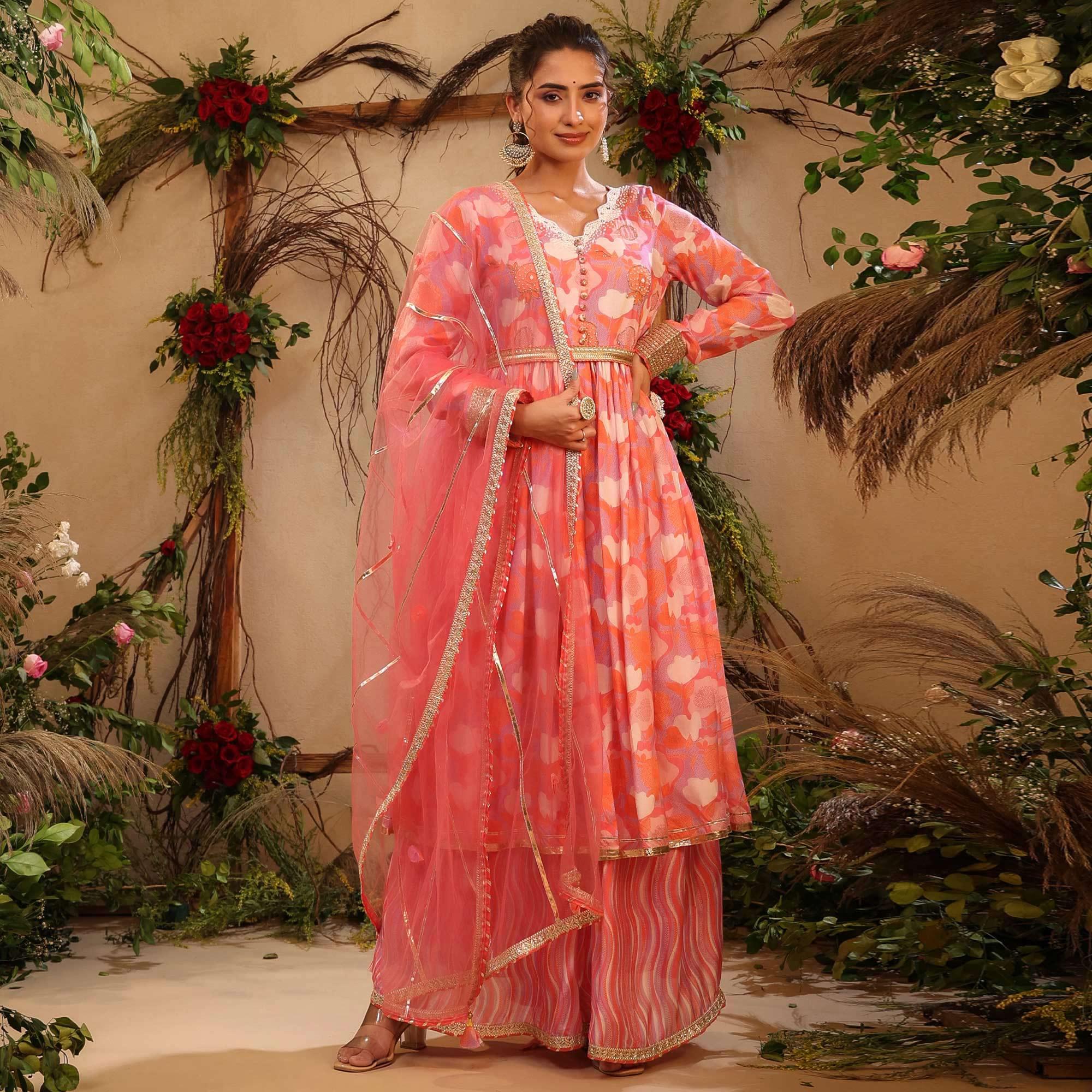 Pink Floral Printed Cotton Silk Sharara Suit - Peachmode