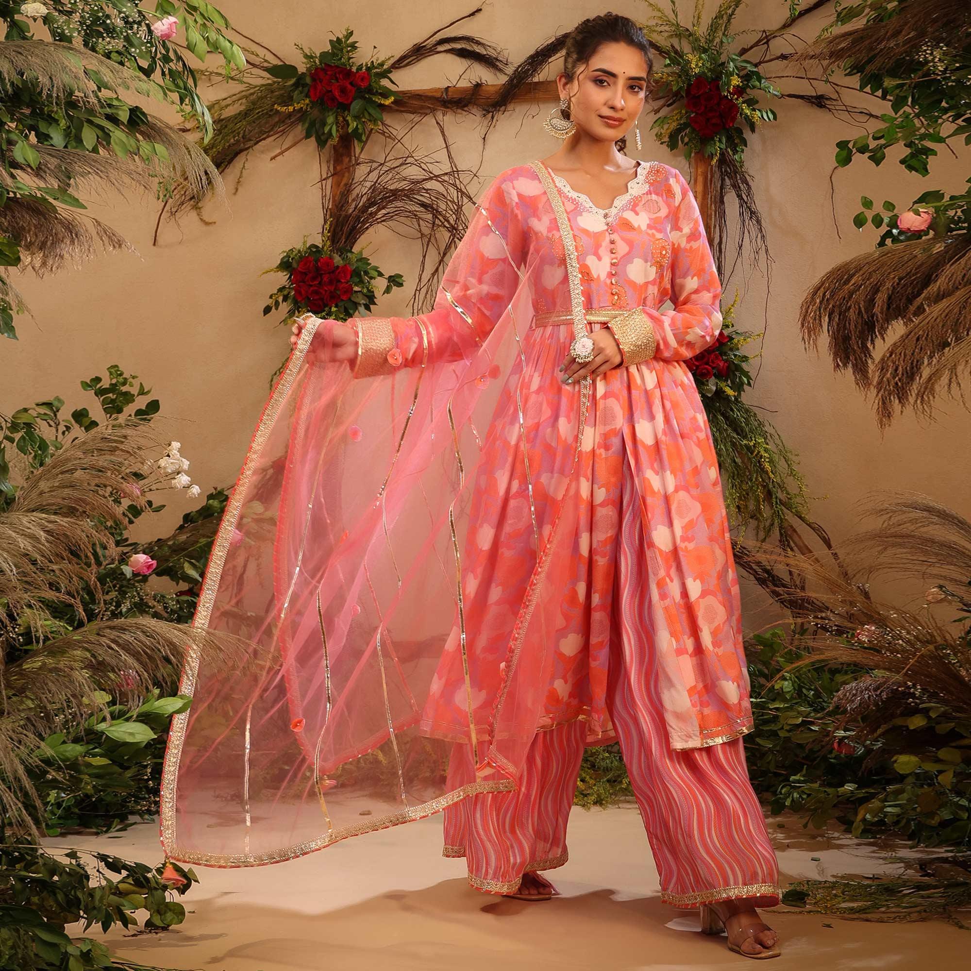 Pink Floral Printed Cotton Silk Sharara Suit - Peachmode