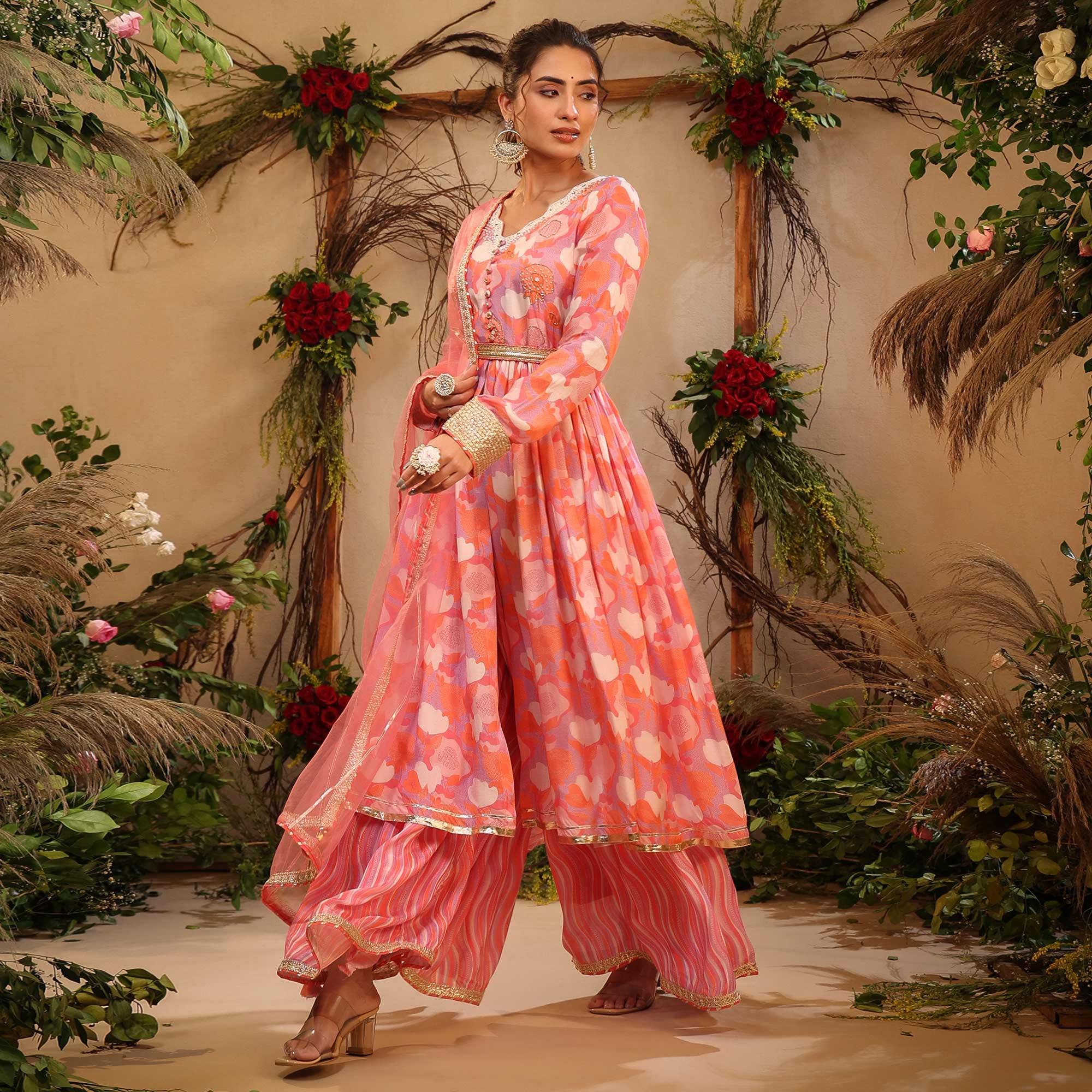 Pink Floral Printed Cotton Silk Sharara Suit - Peachmode