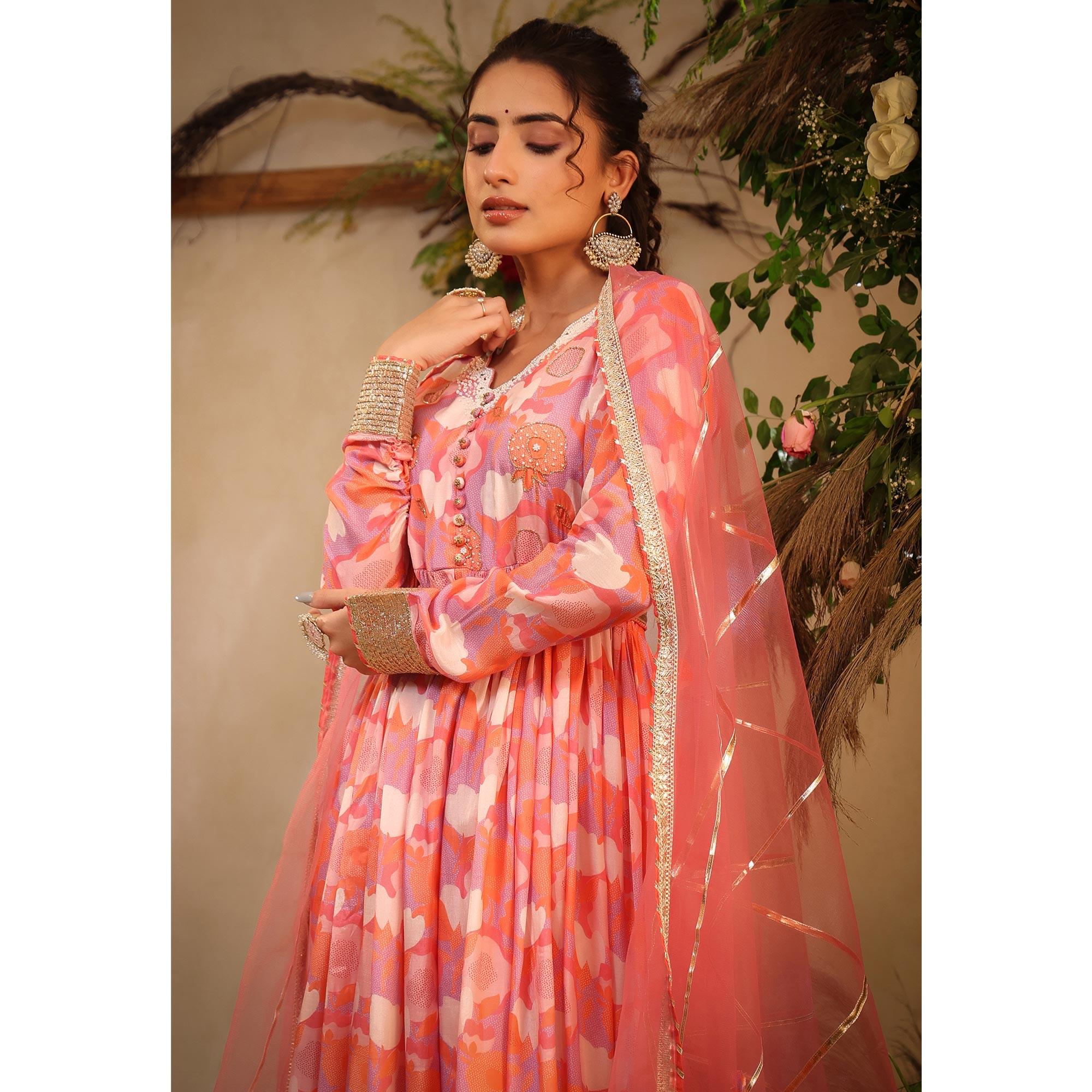 Pink Floral Printed Cotton Silk Sharara Suit - Peachmode