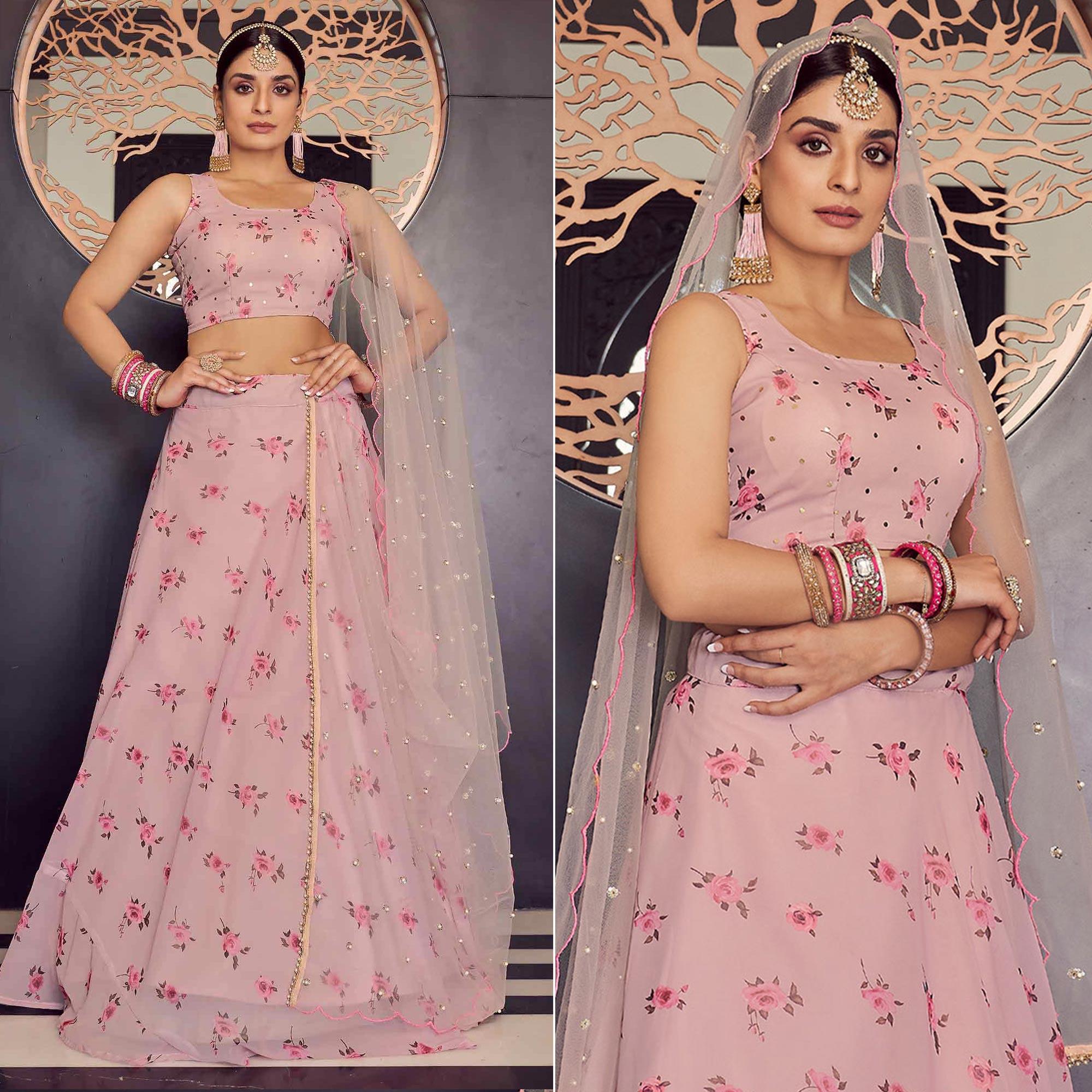 Pink Floral Printed Georgette Lehenga Choli - Peachmode