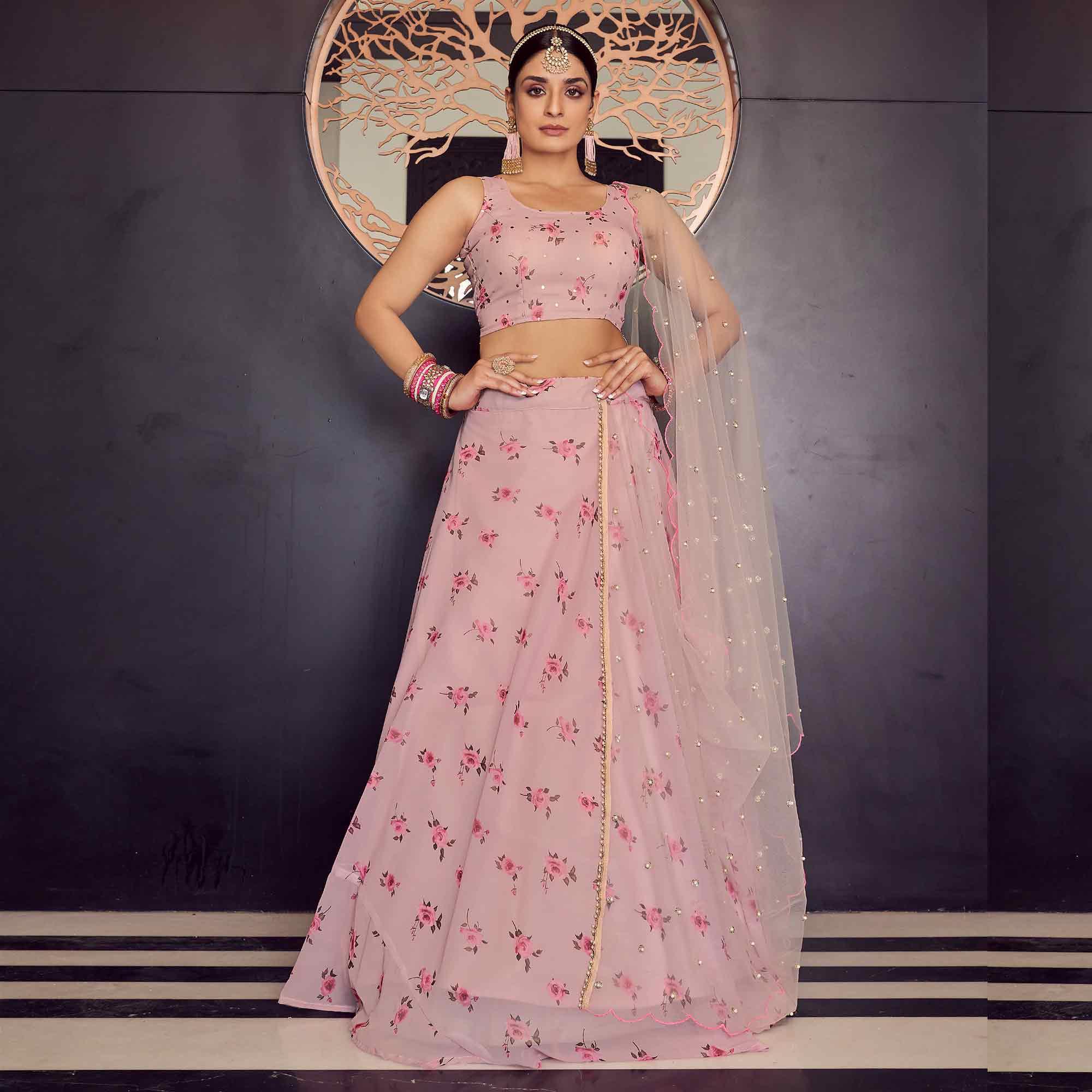 Pink Floral Printed Georgette Lehenga Choli - Peachmode